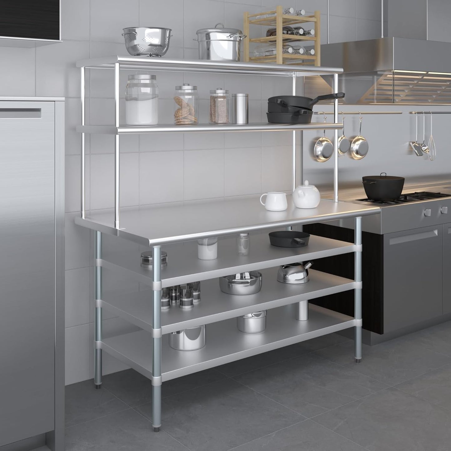 Amgood 30" x 60" Stainless Steel Work Table with 3 Shelves and 18" Wide Double Tier Overshelf | Metal Kitchen Prep Table & Shelving Combo | NSF
