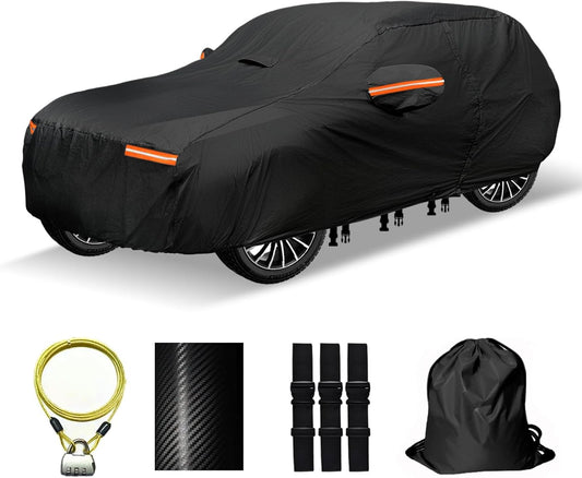 30 Layers SUV Car Cover for Automobiles All Weather Waterproof, Outdoor Snowproof UV Protection Windproof, Door Zipper, Soft Cotton, Heavy Duty Universal Car Covers, (Black, Fit SUV 191"-200")