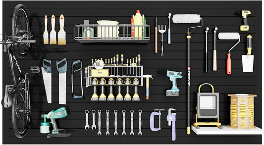 Slatwall Panel Wall Storage Systems, 4x8 ft Slat Wall Paneling Garage Wall Organizer with Five Hooks, Heavy Duty Wall Mounted PVC Wall Rack, Black