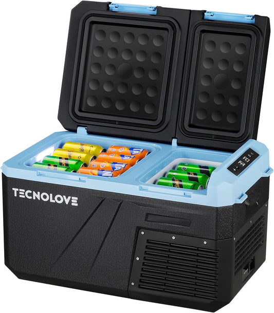 25L Car Refrigerator Freezer, 27QT Dual Zone Portable Compressor Cooler with Reversible Door, 100–240V AC / 12V / 24V DC Powered, Touchscreen Control, LED Light, -4℉ to 68℉, Ice Blue