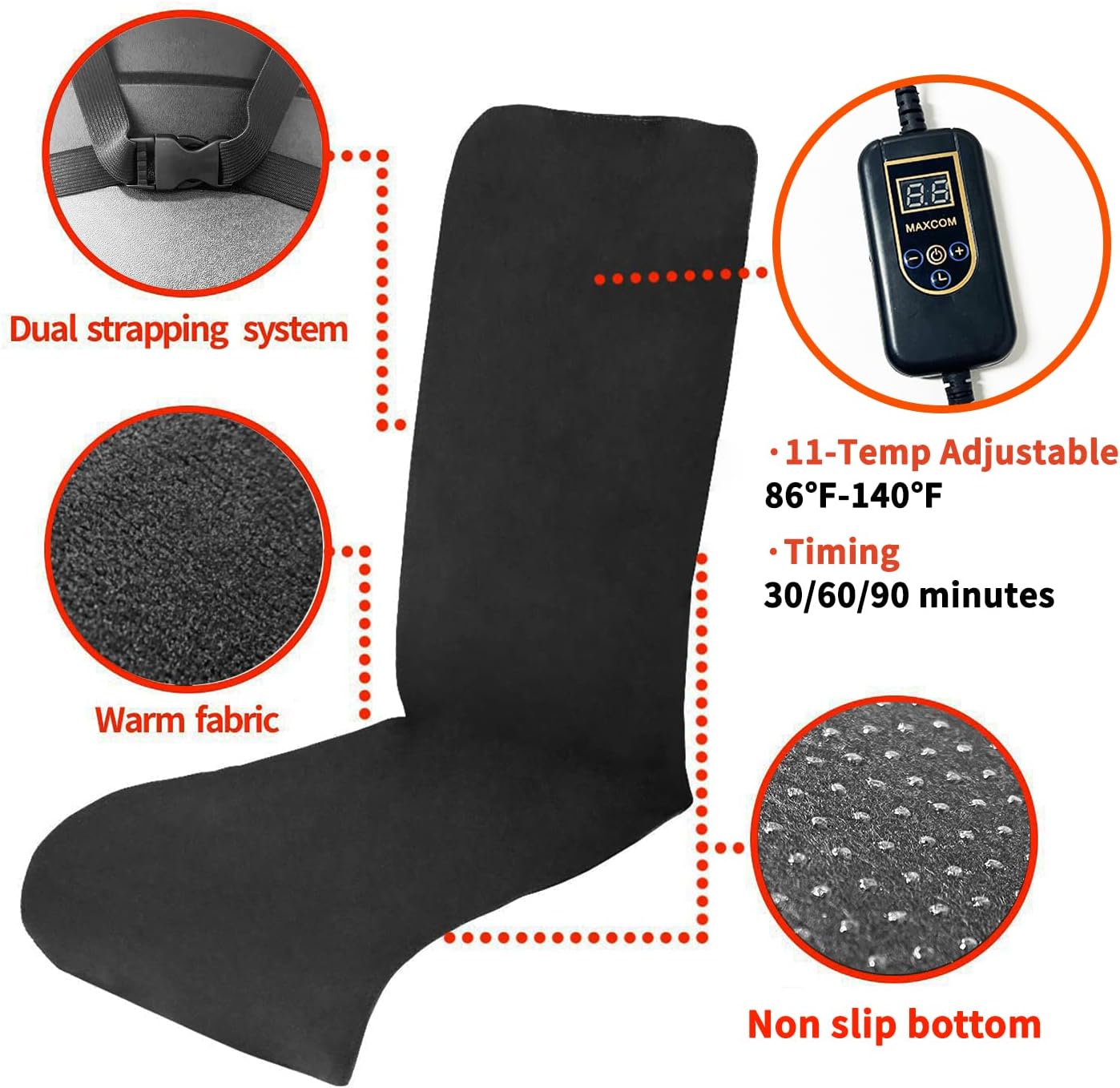 Foldable & Washable Fabric Heated Seat Cushion with Temperature Control & Timer - Whole Back Heating - for Office/Home Use