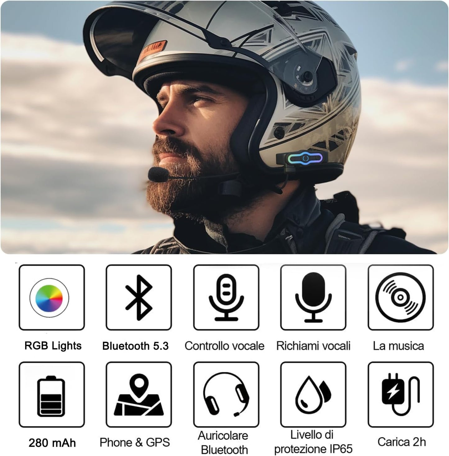Motorcycle Helmet Bluetooth Headset Motorcycle Helmet Speaker IPX6 Waterproof Sports Headset,Automatic Answer,Music Call Control,RGB Light,Intelligent Noise for All Helmets