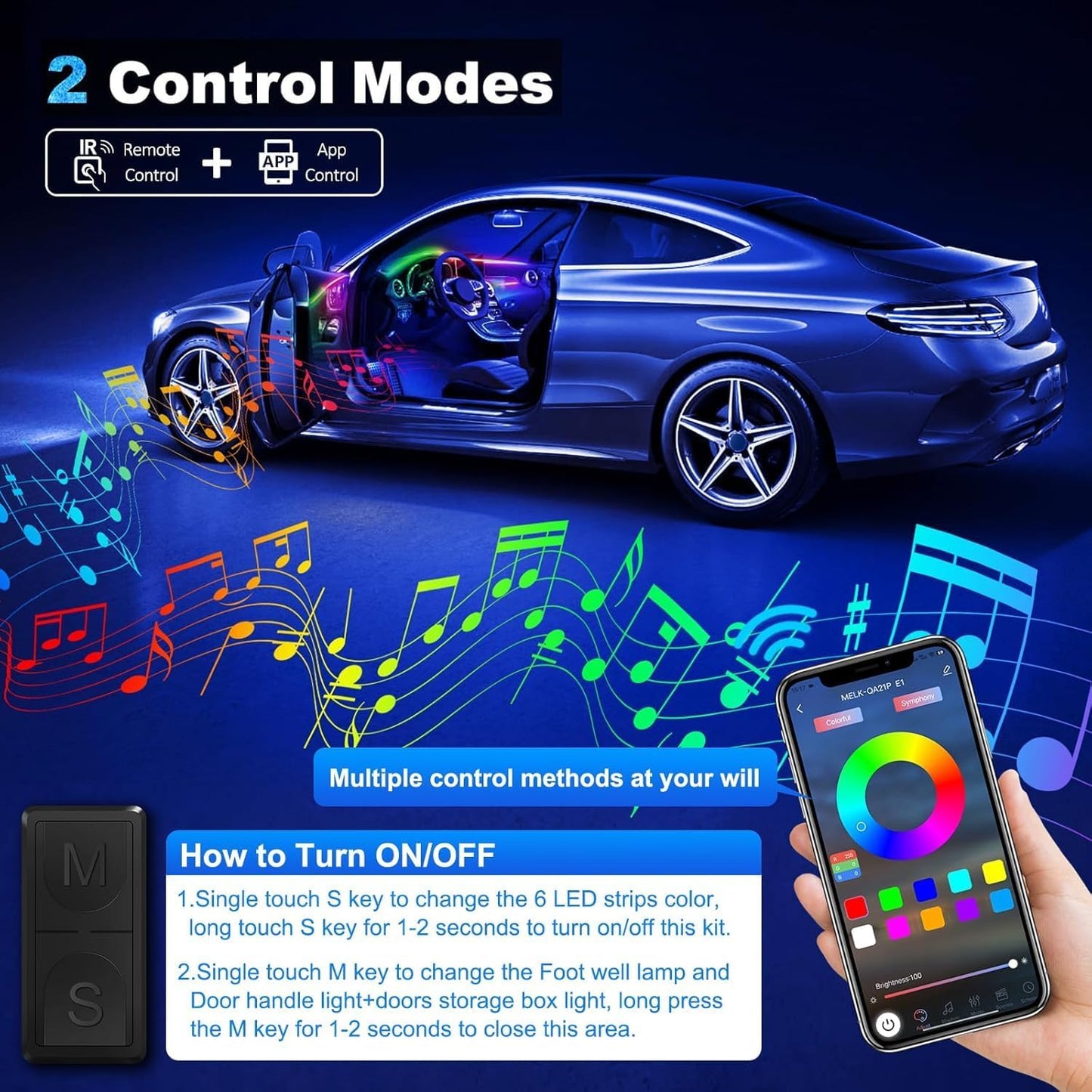 Acrylic Interior Car LED Strip Light with Wireless APP, Dreamcolor RGB 10 in 1 with 175 inches 600 LEDs Fiber Optic Car Ambient Lighting Kits, Dual Zone Sound Active Function LED Strip for Car