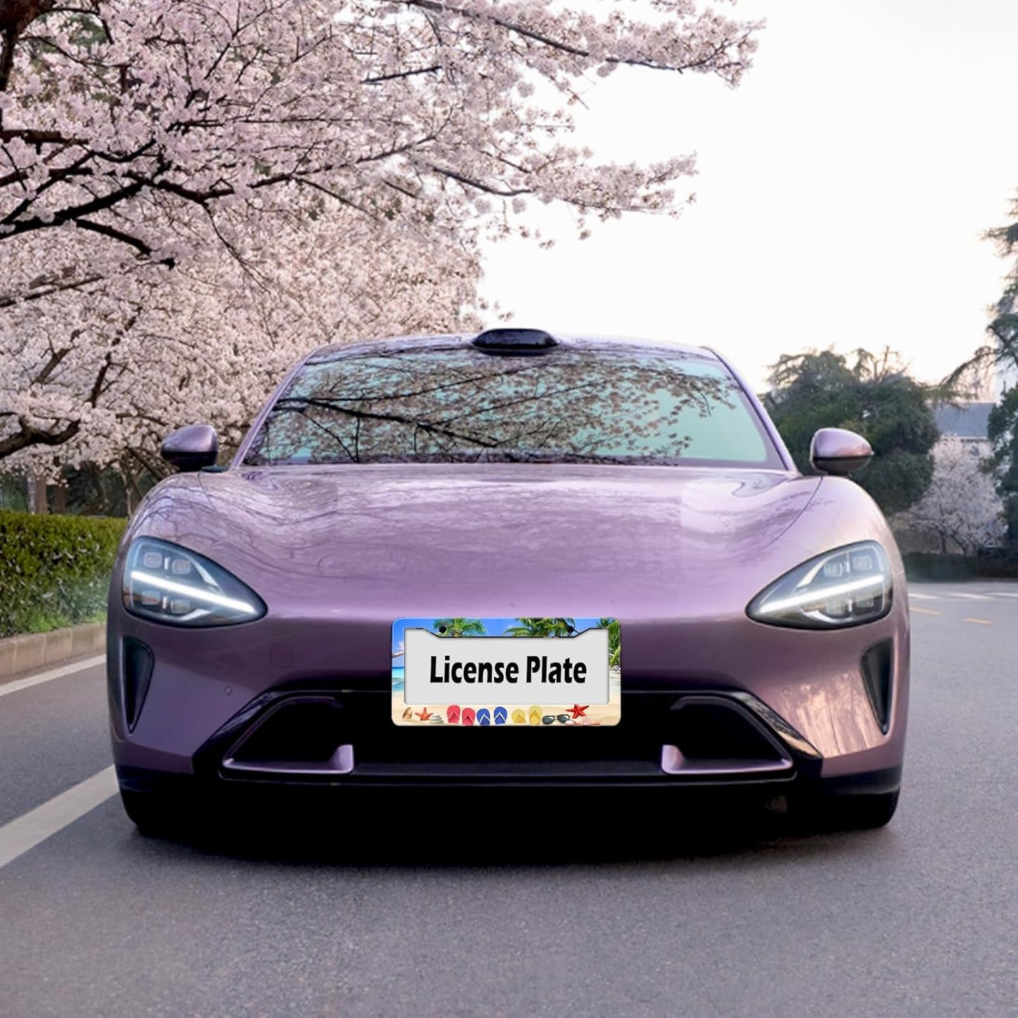 Beach Flip Flops License Plate Frame, Ocean Beach Vacation Scene License Plate Hloder Covers, Metal Aluminum Rustproof Car Accessories for Women Men 2 Holes with Screw Caps