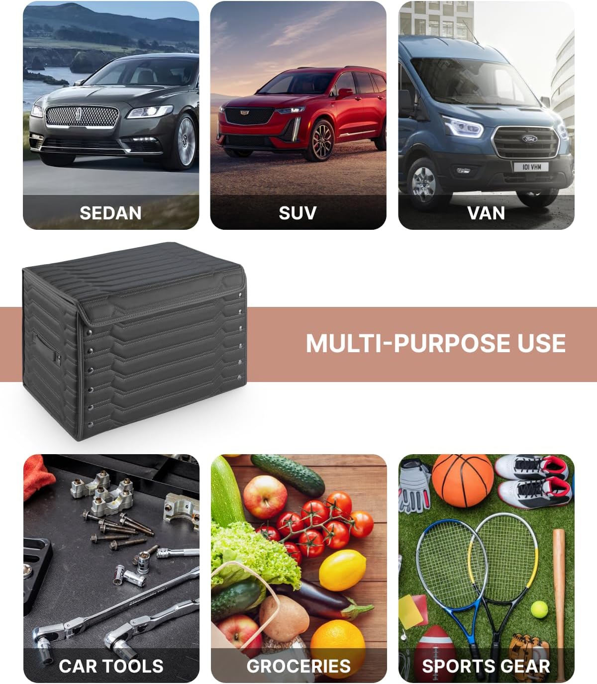 Trunk Storage 17.7" Collapsible Crate For Groceries, Tools & Travel Gear - Eco-Leather Car Organizer With Magnetic Lid - Practical Birthday Gift For Men (Highway 17)
