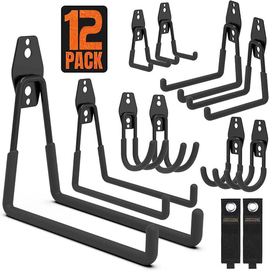 Garage Hooks, 12 Pack Wall Storage Hook Includes 2 Extension Cord Holder, Utility Organization, Heavy Duty Wall Mount Hangers for Hanging Bike, Ladder, Garden Tools