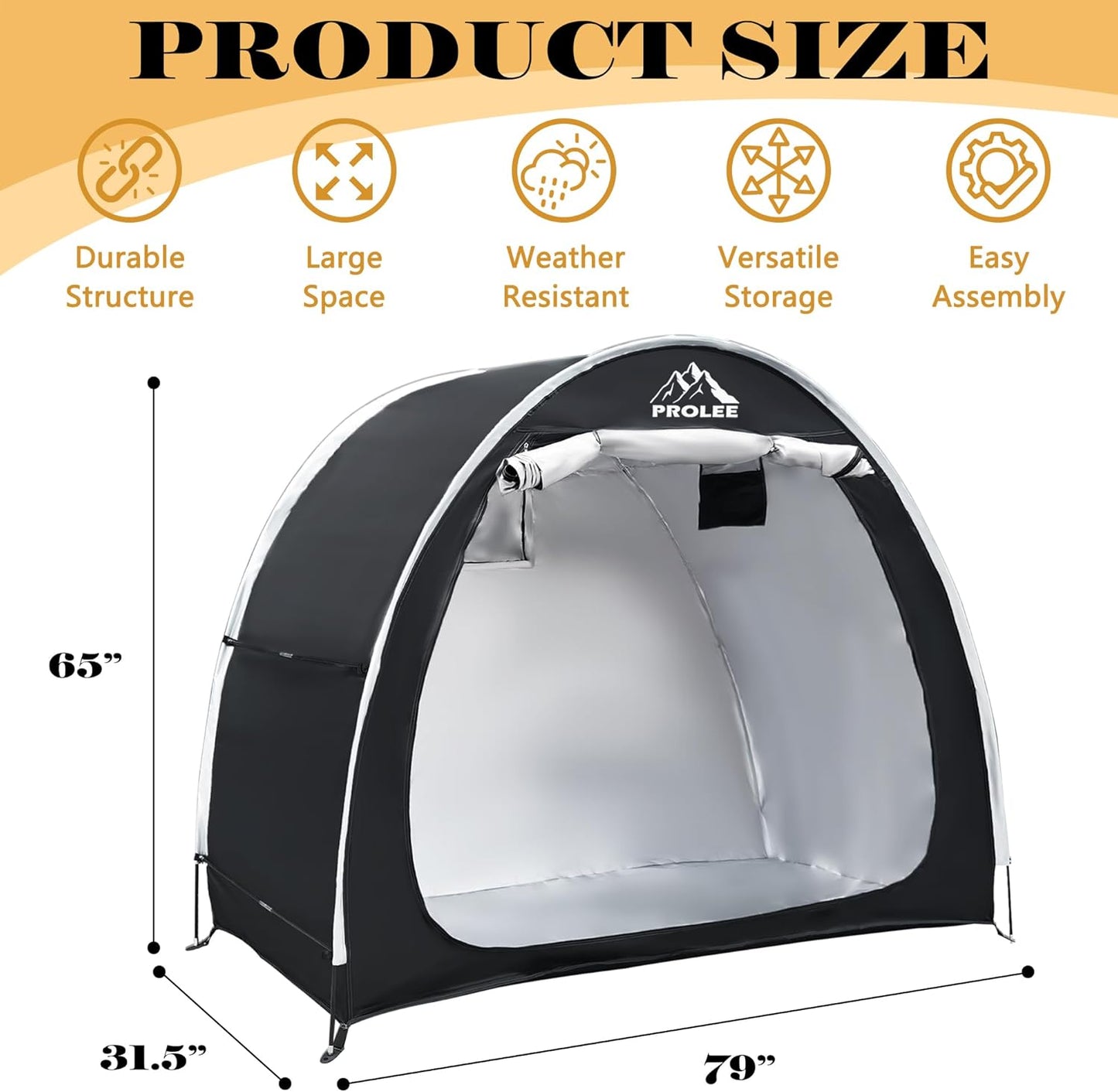 PROLEE Bike Shed 6.6FT, Waterproof Oxford Fabric Storage Tent for 2 Bikes, Outdoor Storage with Window Design, Black
