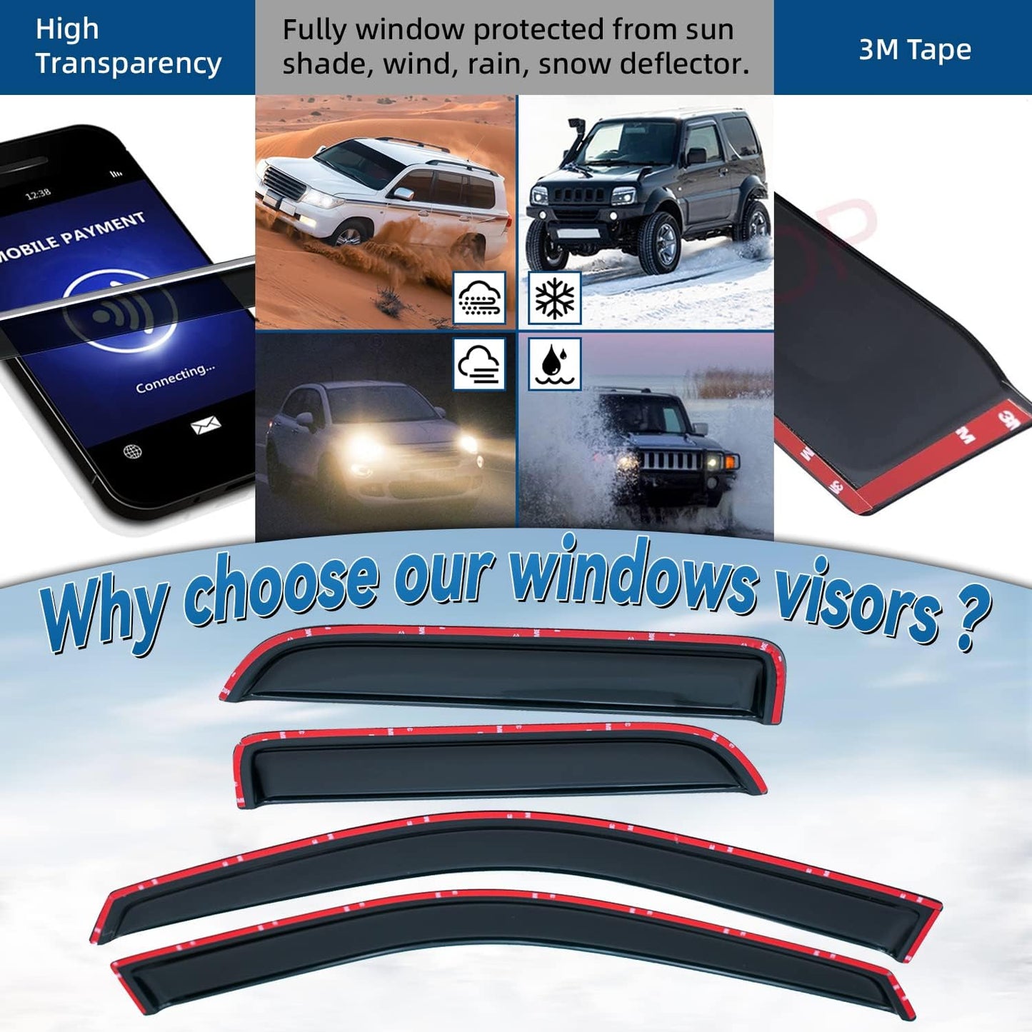 Set of 4 Front+Rear Smoke Sun/Rain Guard Outside Mount Tape-On Acrylic Window Visors Compatible with 09-18 Ram 1500 Quad/Extended Cab with Half Size Rear Doors + Full Size Front Doors