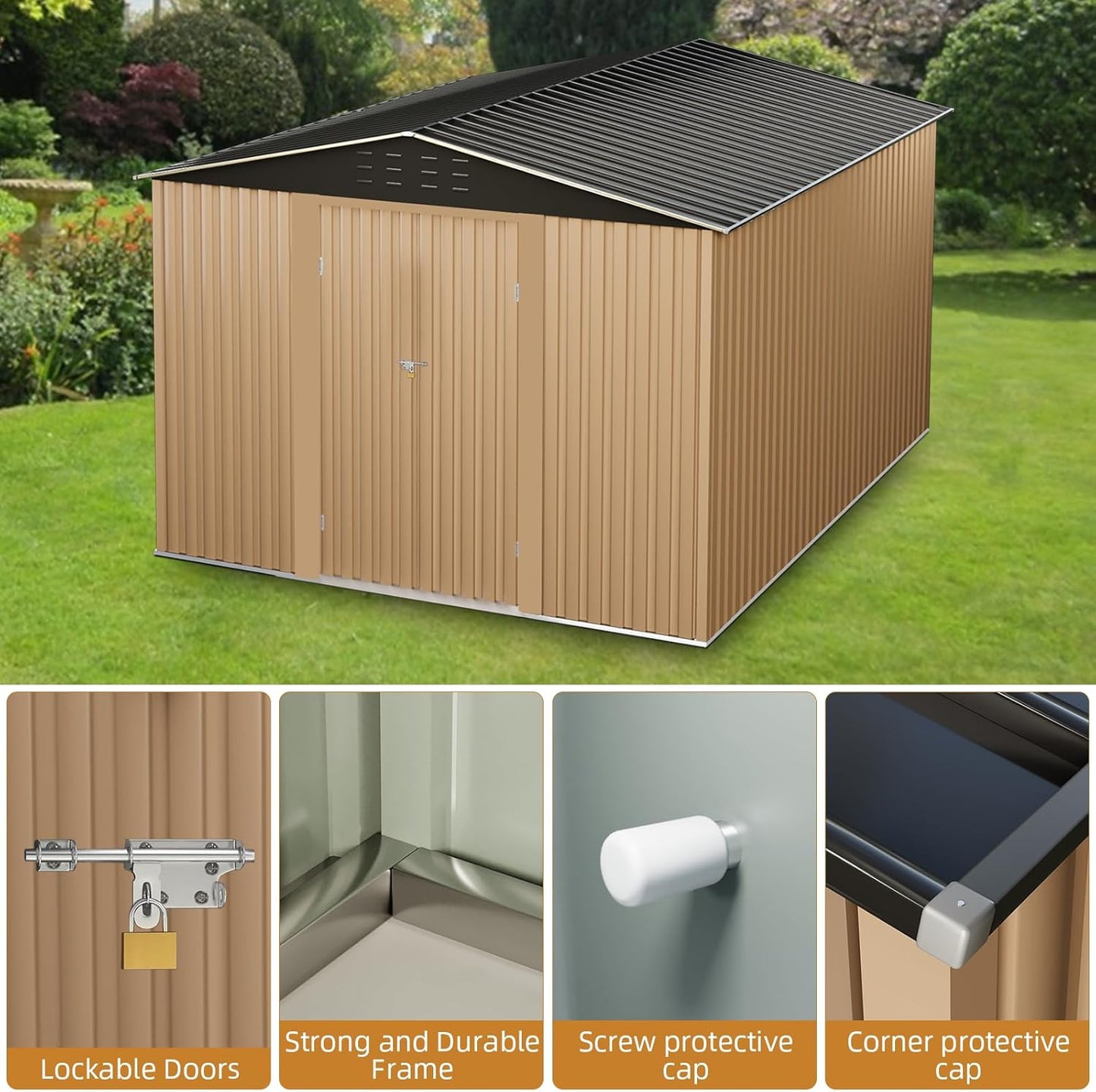 8X8FT Outdoor Metal Storage Shed, Lockable Weatherproof Garden Shed for Tools & Equipment, Durable Galvanized Steel with Sloping Roof & Ventilation, Ideal for Backyard, Patio & Garage Storage, Brown