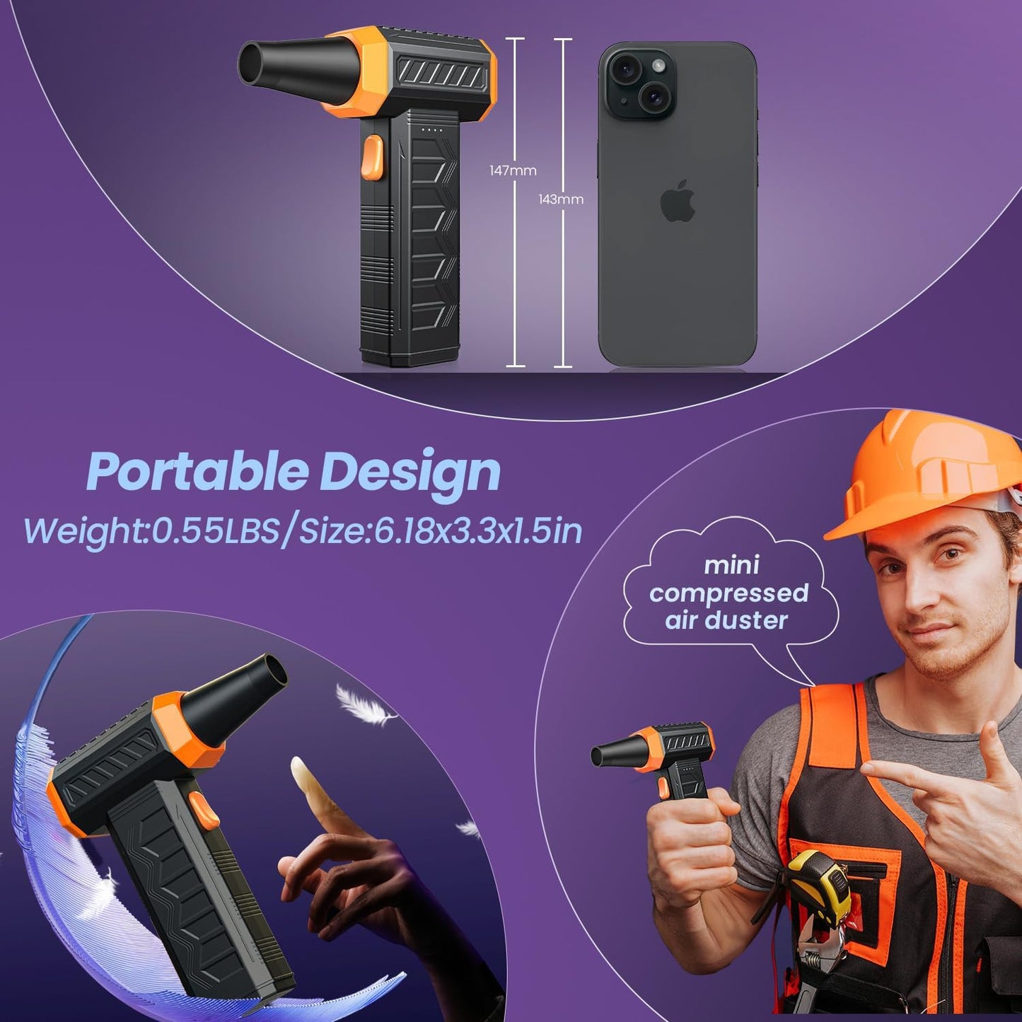 Electric Air Duster, 32,0000 RPM Compressed Air Duster & Blower, 7600mAh Rechargeable, 3-Speed LED Keyboard Cleaner for PC/Computer/Car, No Canned Air - Turbo Fan, Battery Powered