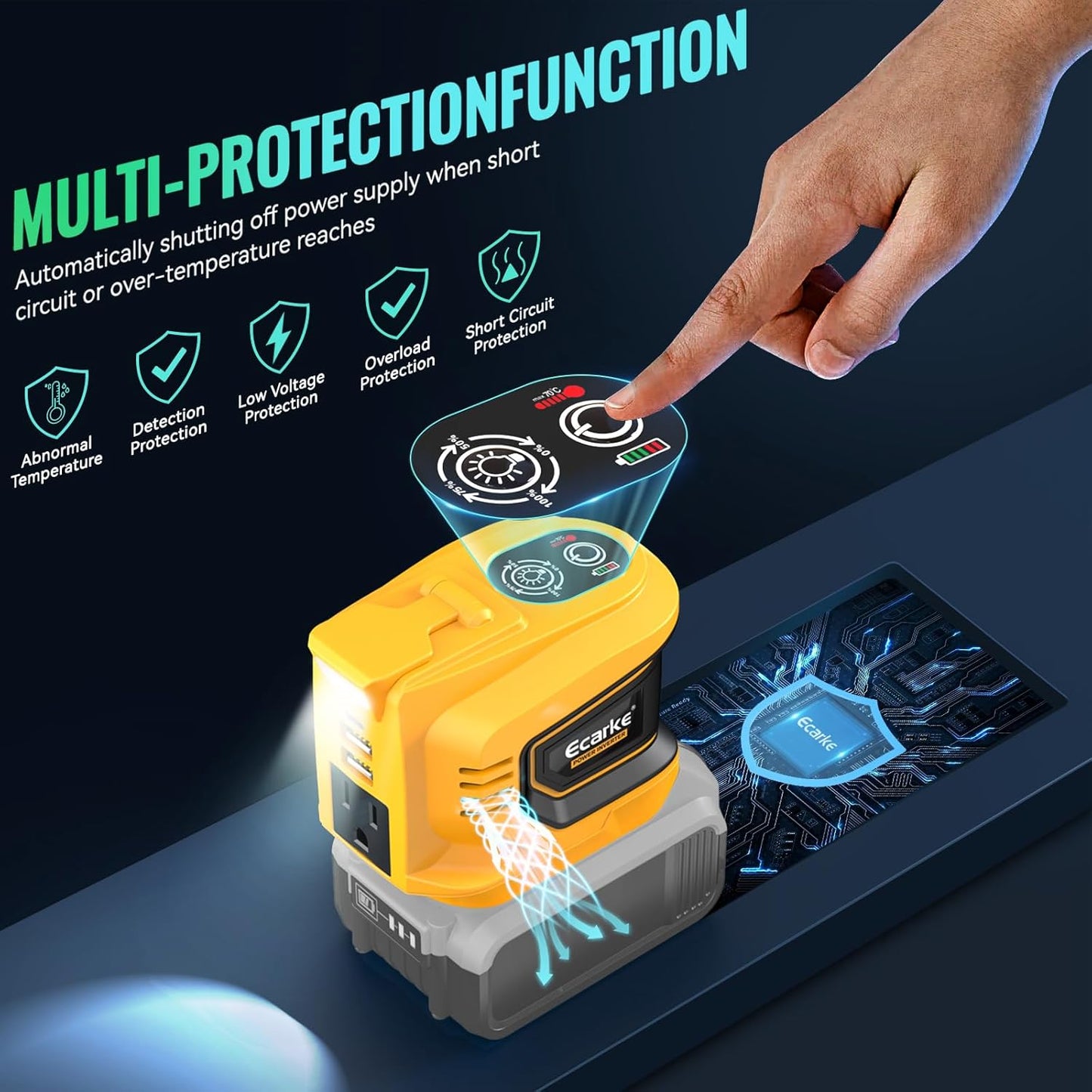 200W Portable Power Inverter for DeWALT 20V,Ecarke Outdoor Generato Battery Converter with 2 USB&LED&AC Battery Powered Outlet,Convert DC 18V/20V to AC 110V-120V Portable Power Station(Tool Only)