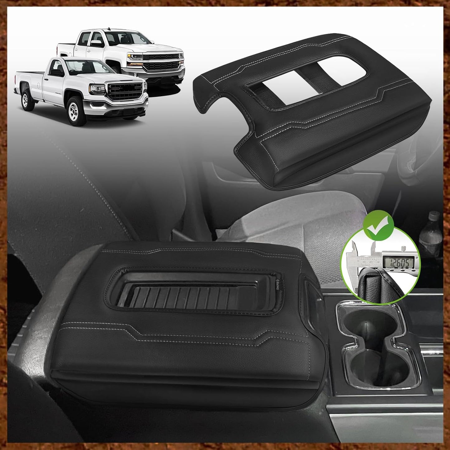 Muslogy Center Console Armrest Cover Compatible with Chevy Silverado & GMC Sierra 1500 2500 3500 2014-2018 Armrest Pad Arm Rest Cushion Vegan Leather Protector 1-Inch Extra Thick(Bucket Seat ONLY)