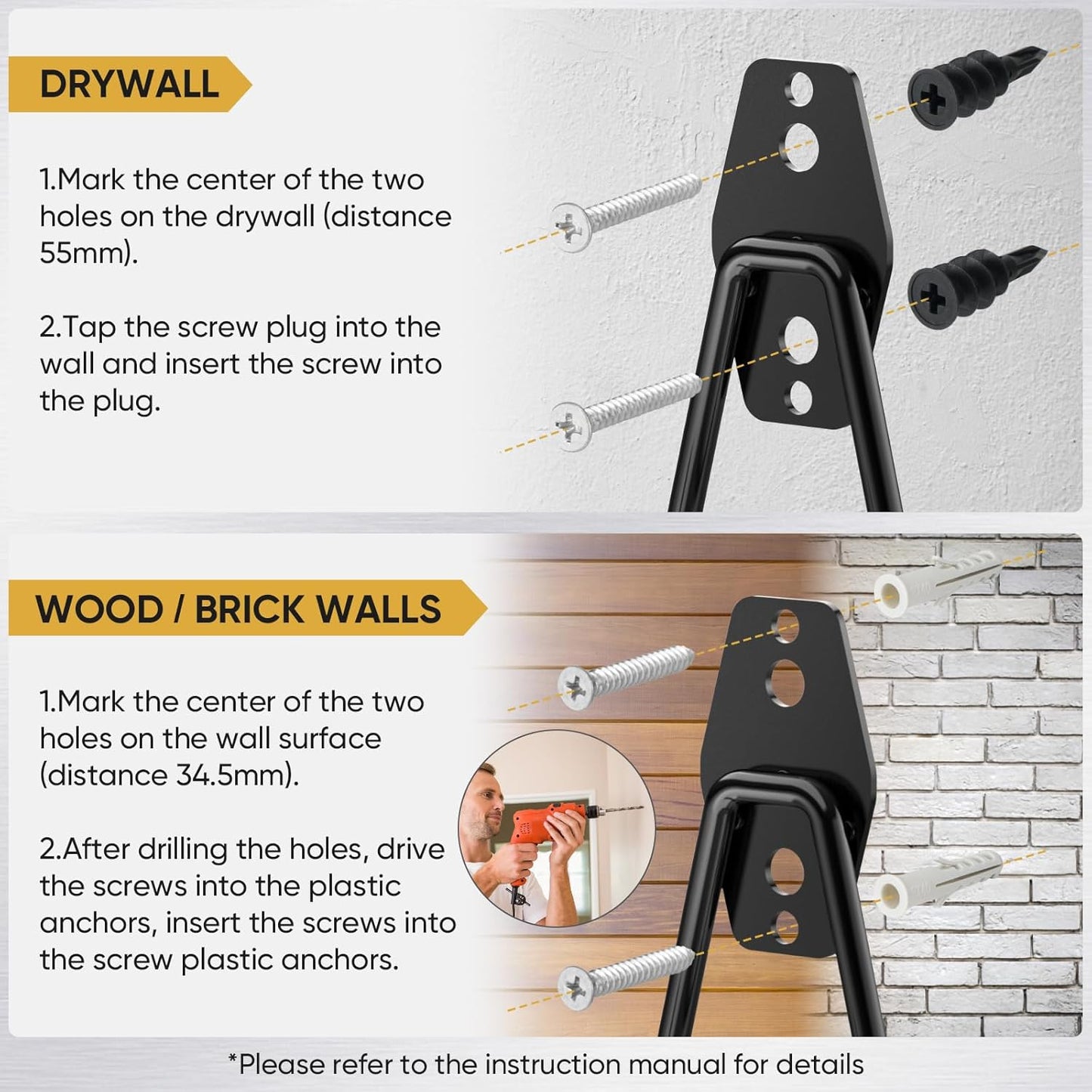 TICONN 2 Pack Heavy Duty Garage Hooks, Steel Utility Wall Storage Hooks, Wall Mount Hanger Organizer for Ladders, Bikes, Tools, Bulky Items (Large, Black Square)