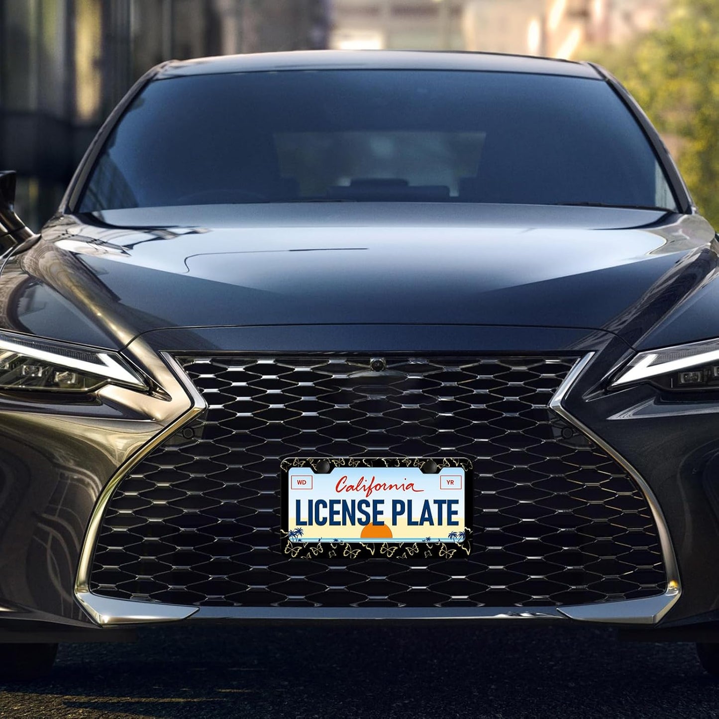 Golden Butterfly License Plate Frames - 2 Pack Beautiful Butterfly Stainless Steel License Plate Holder,Rust-Proof Waterproof Car Decorative Tag Frame with Screws Fasteners Caps