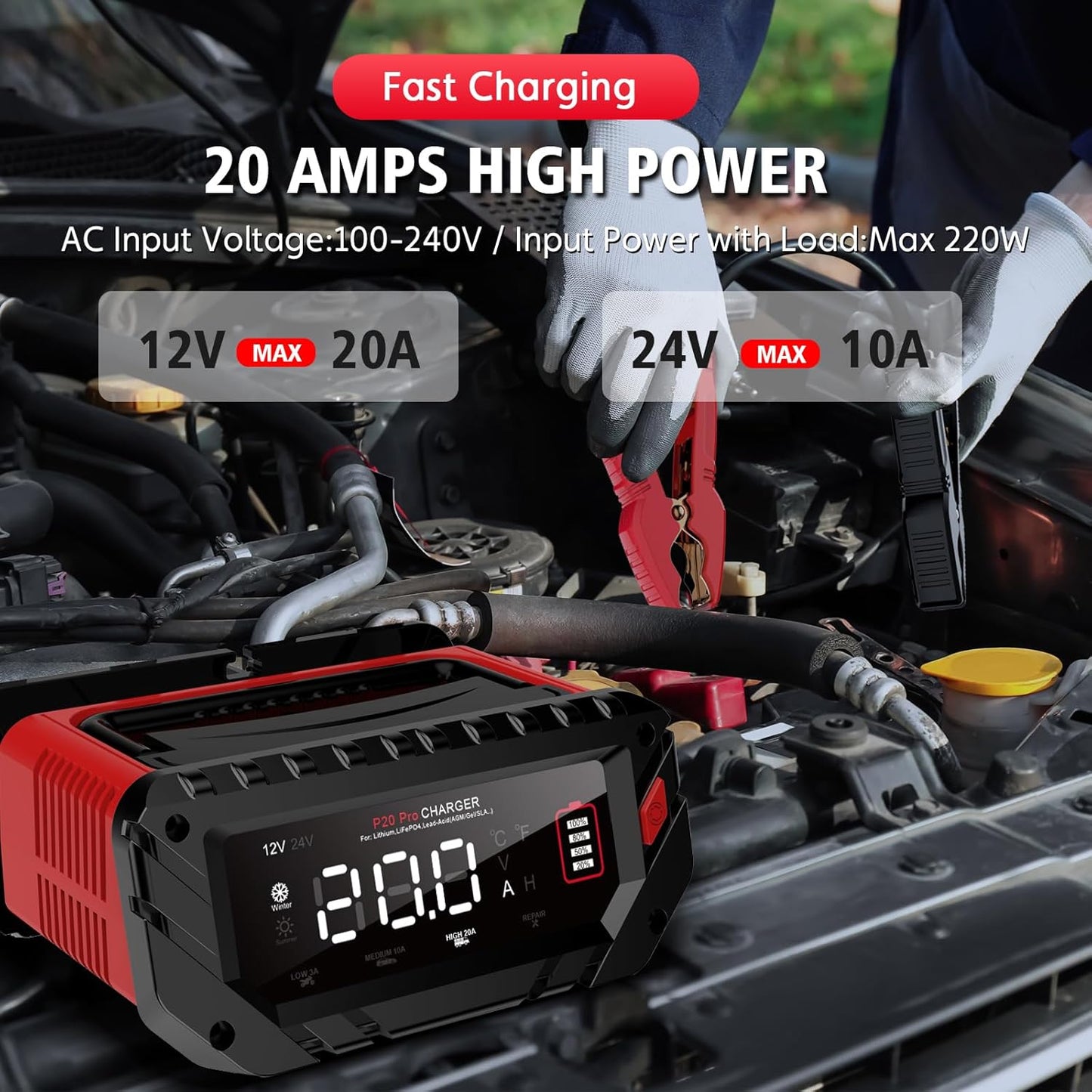 20-Amp Car Battery Charger, 12V/24V Smart Automotive Charger, Battery Maintainer, Trickle Charger for Car, Motorcycle, Boat, Lead-Acid, Lithium, LiFePo4 Battery