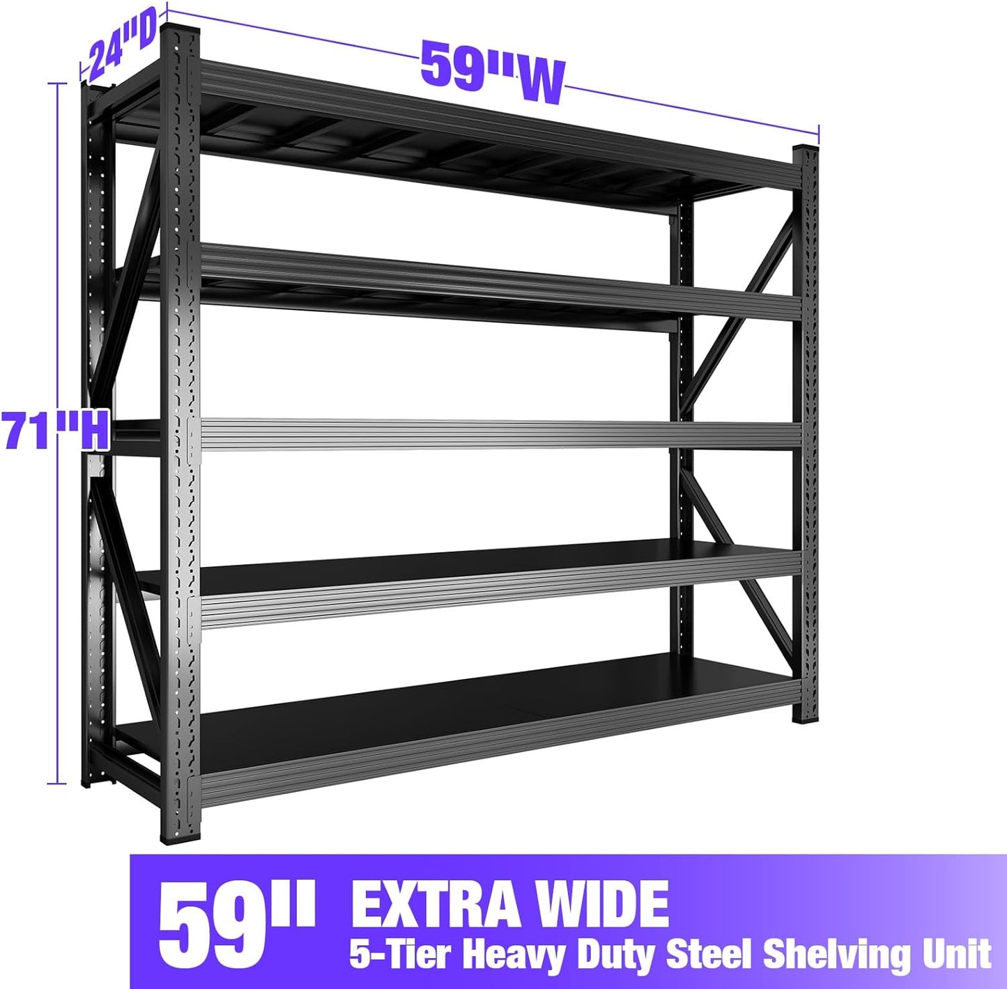 Metal Garage Shelving Heavy Duty, 5-Tier Adjustable Wire Storage Garage Shelves, 8000 LBS Loads Industrial Shelving Units for Garages, Warehouses, Kitchen, Black, 59" W x 24" D x 71" H,2 Pack