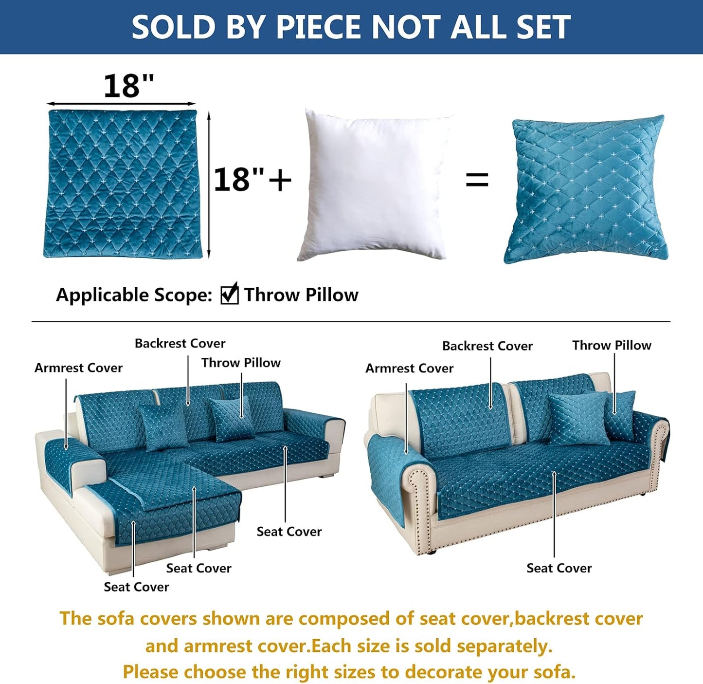 Eismodra Throw Pillows,Couch Cover,Sofa Cover,Sectional Couch Covers for 3 Cushion Couch,Sofa Slipcovers for Dogs Cats Pet Loveseat Recliner Leather L Shaped,Blue 18 x 18 Inches (Only 1 Piece)