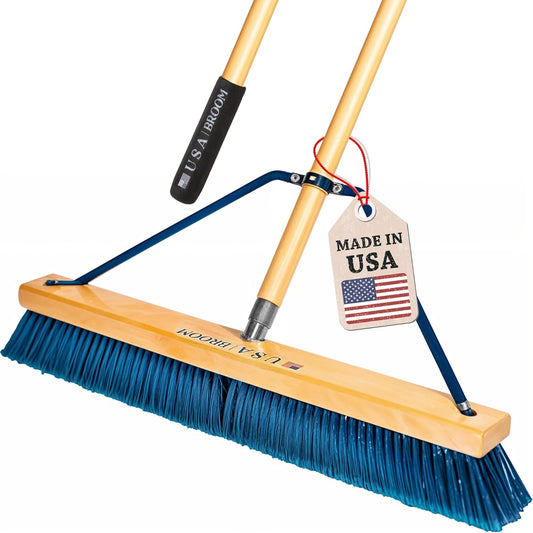 24" Everyday Sweep Indoor/Outdoor Push Broom with 60" Handle. Ideal for Garages & Shops. Durable American Made Steel Brackets-All Stainless Steel Hardware. No Plastic. 100% Made in The USA.