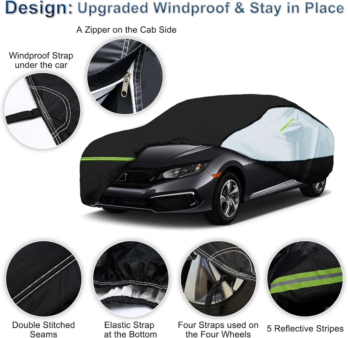 Universal Sedan Car Cover Fit for Toyota Corolla, Honda Civic, Nissan Sentra, Ford Focus, Chevy Cruze,Waterproof All Weather Anti-UV Windproof Snow Protection - Up to 193''(L)