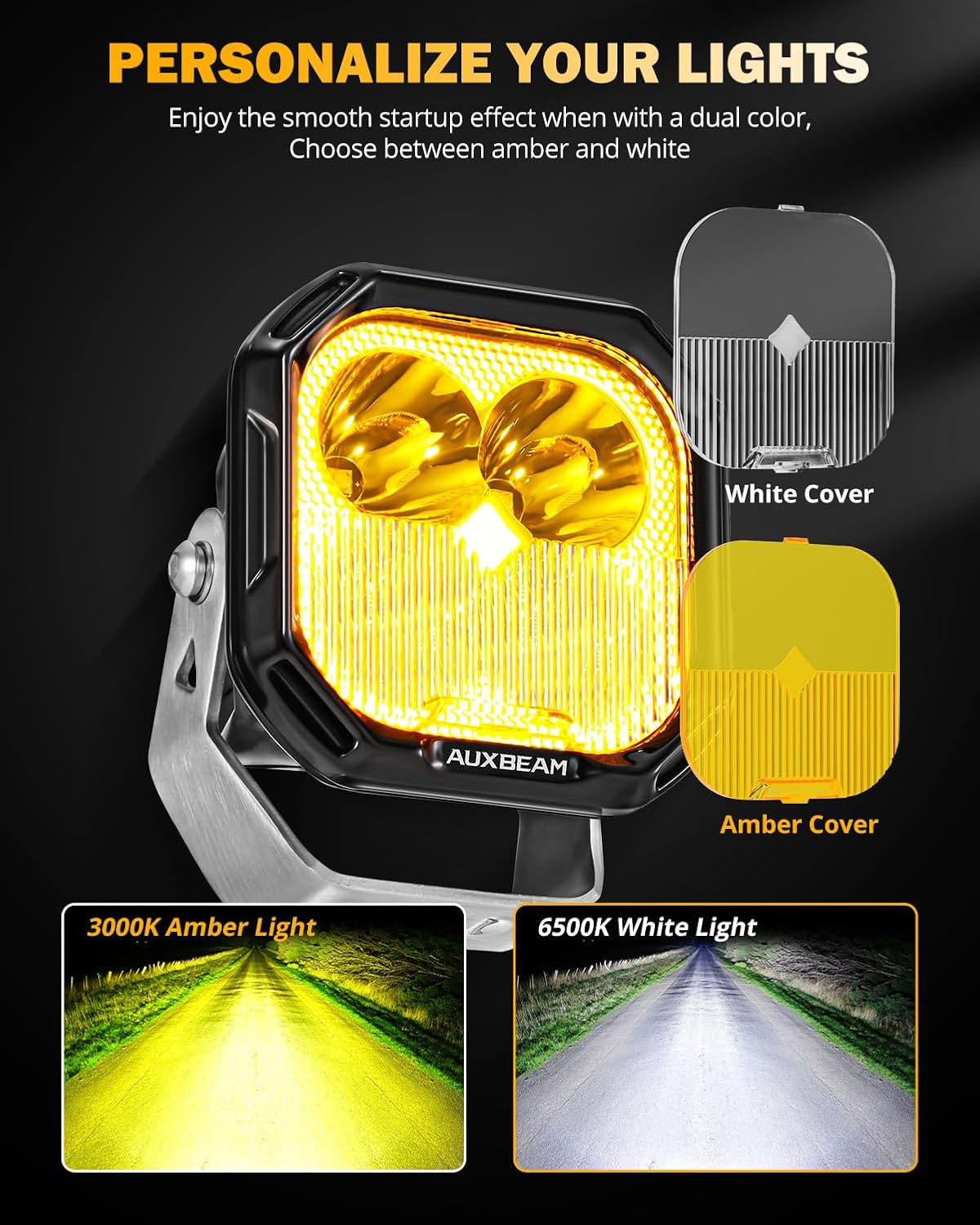 Auxbeam Color Play Series 3 Inch LED Pods, Offroad Light with Amber/White DRL & Turn Signal 100W Spot Flood Combo Beam Off Road Lighting Fog Cube Ditch Light Bar for 4x4 Jeep Truck, 2 Years Warranty