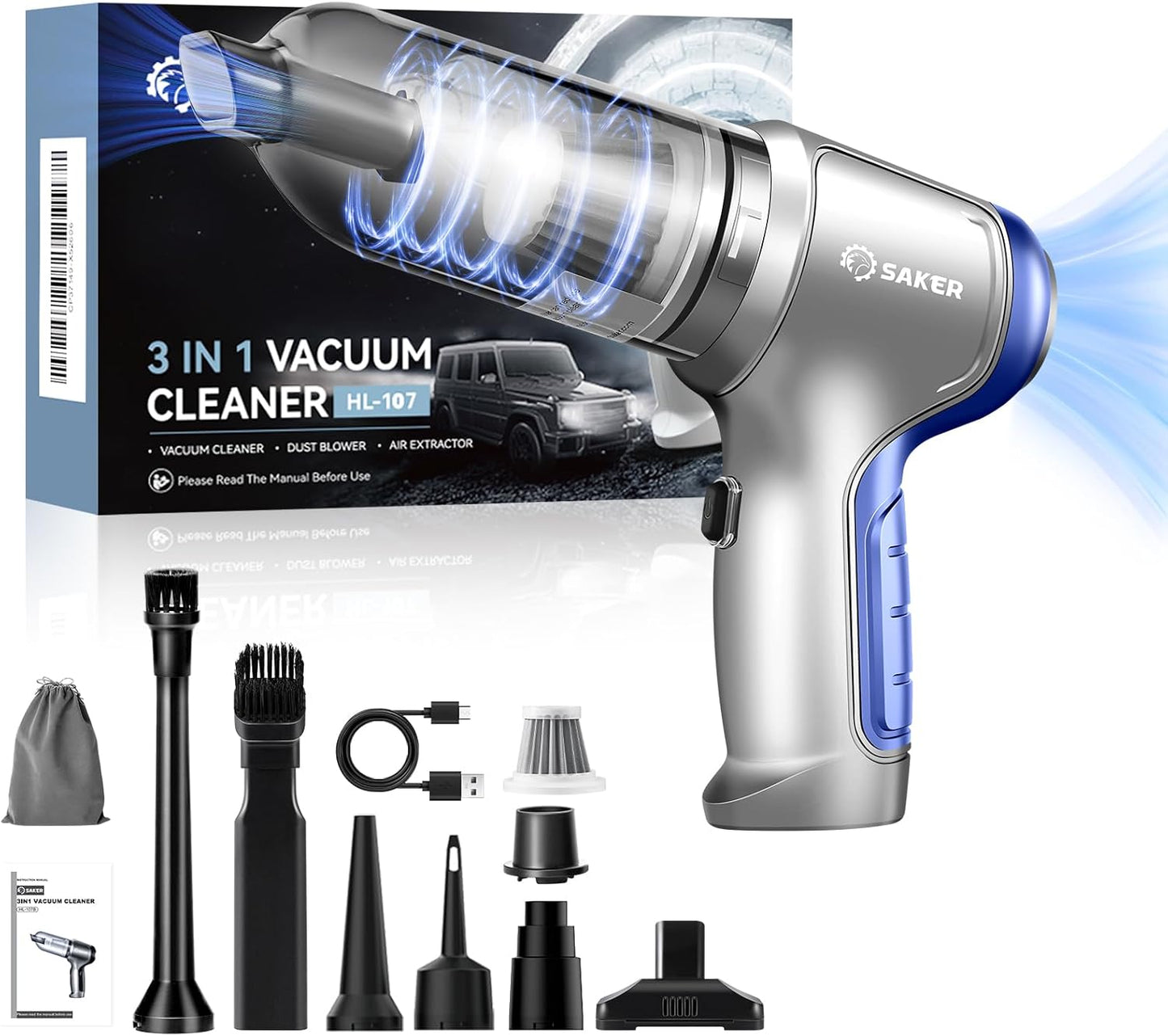 Saker Car Vacuum Portable Cordless 15000PA,3 in 1 Handheld Vacuum with Brushless Motor for Car, Office and Home Cleaning Blue HL107B