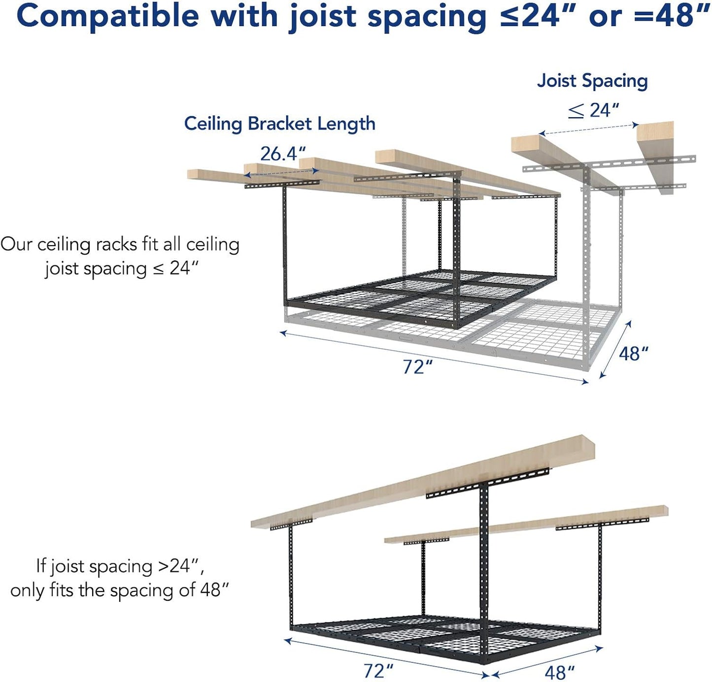 FLEXIMOUNTS 4x6 Overhead Garage Storage Adjustable Ceiling Rack 72" Length x 48" Width x 40" Height, 450lbs Weight Capacity, Black