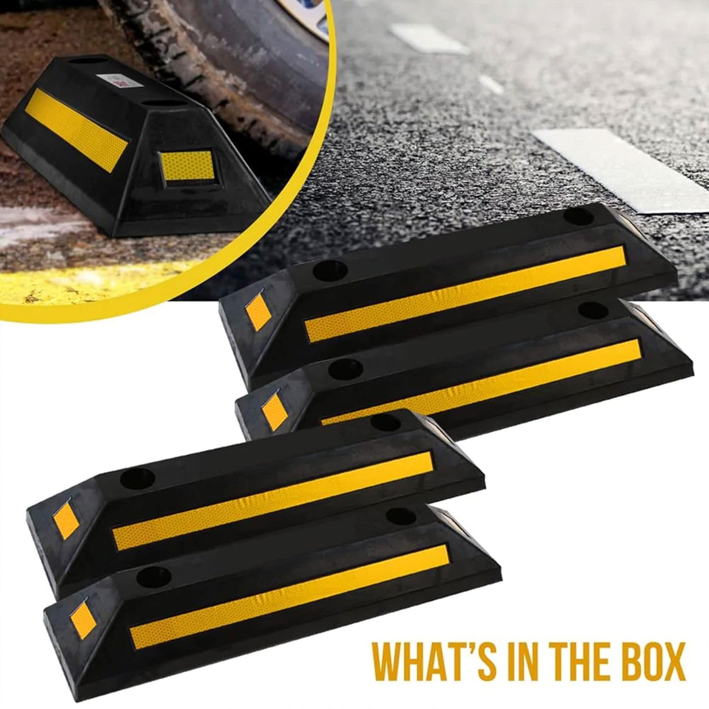 4-Pc Curb Garage Vehicle Floor Stopper for Parking Safety 1PC Heavy Duty Rubber Parking Lot Driveway Stopper, For Car Vans Trucks Tire Wheel Guide Block Protect Bumper- Pyle PCRSTP11X4