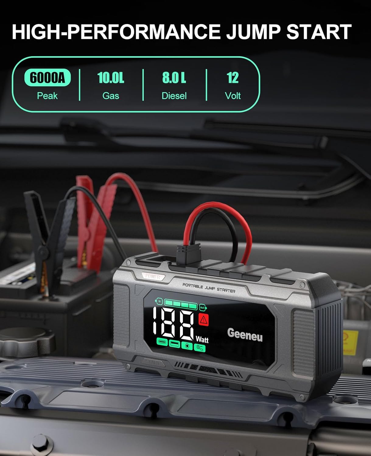 Battery Jumper Starter Portable 6000A Car Jump Starter, 12V Jump Box for Car Battery Charger Power Pack for 8.5L Gas/7L Diesel, QC 18W, Large Screen, Lights