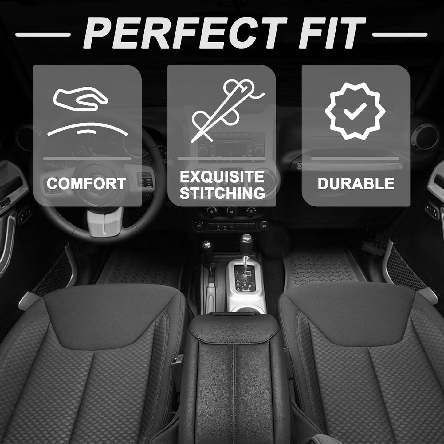 Muslogy Center Console Armrest Cover Compatible with Jeep Wrangler JK JKU 2011-2017 Comfort Armrest Pad Arm Rest Cushion Vegan Leather Protector Black Regular Thick