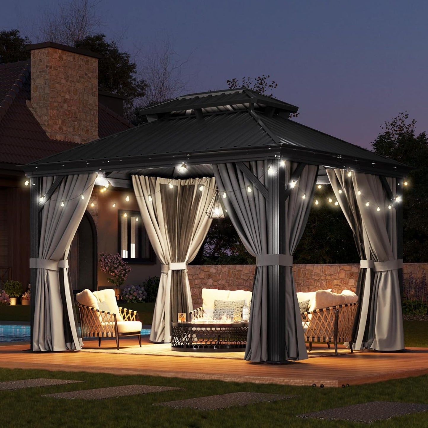 Aoxun 10' X 12' Hardtop Gazebo with Drainage System, Aluminum Outdoor Gazebo with Galvanized Steel Double Roof, Patio Permanent Metal Pavilion with Netting, for Garden, Deck, Easy Assemble