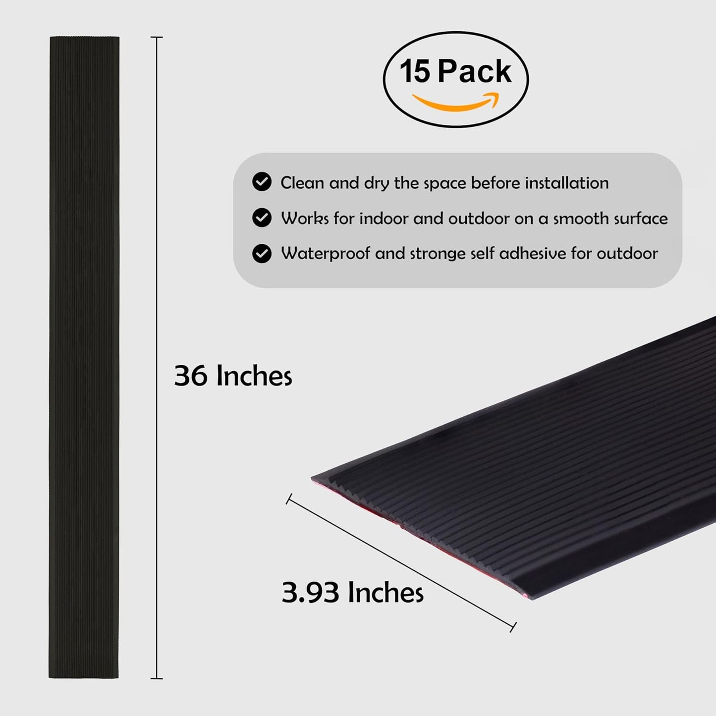 Rubber Bond 4x36in Anti Slip Stair Treads (15-Pack) - Waterproof Outdoor/Indoor Heavy Duty Non-Skid Tape for Stairs - Adhesive Rubber Grip Strips for Steps & Ramps - Black