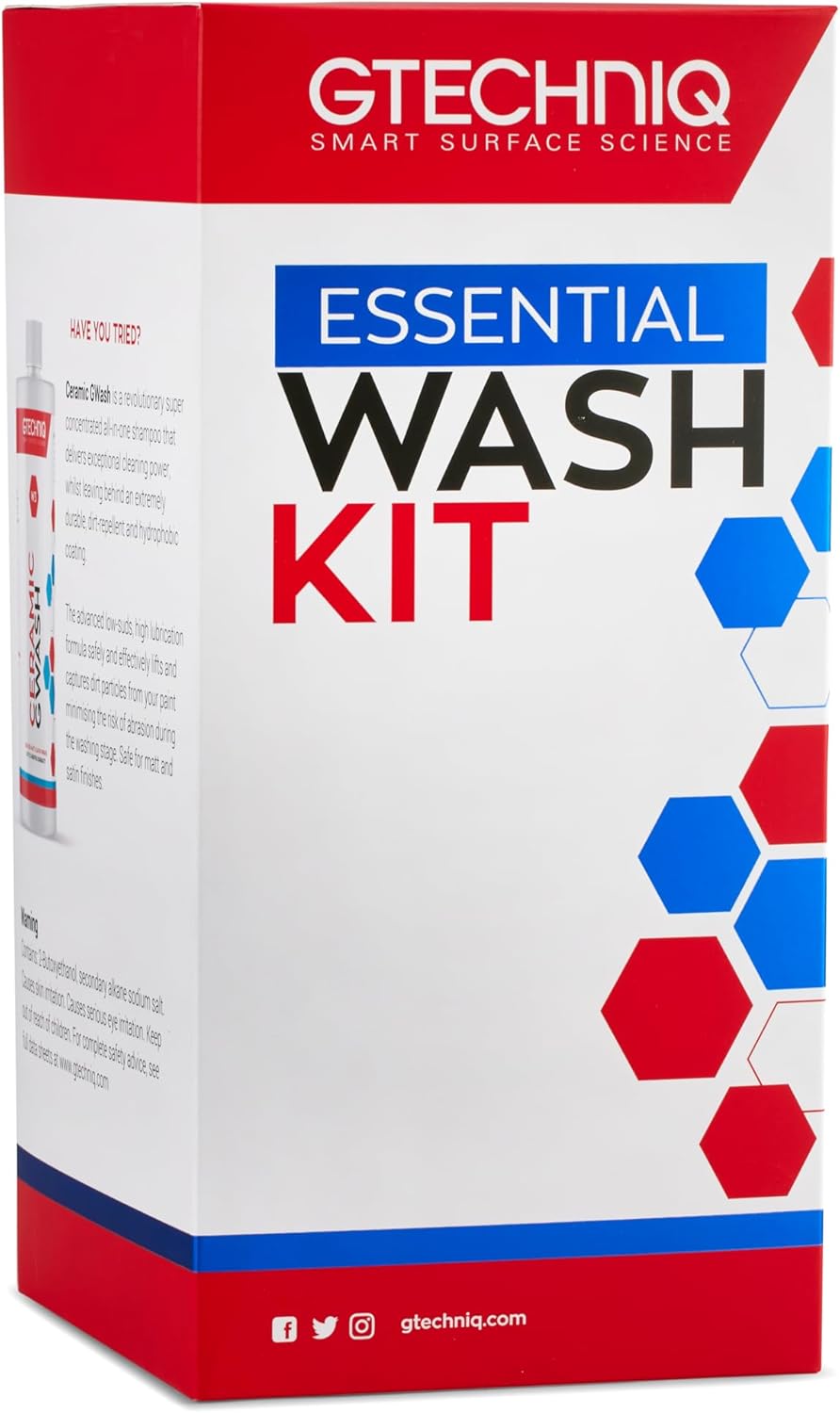 Gtechniq Essential Car Wash Kit, Car Cleaning Kit with Car Shampoo, Wheel Cleaner, Microfiber Car Wash Mitt and Microfiber Towel, Car Accessories for Highly Effective Cleaning