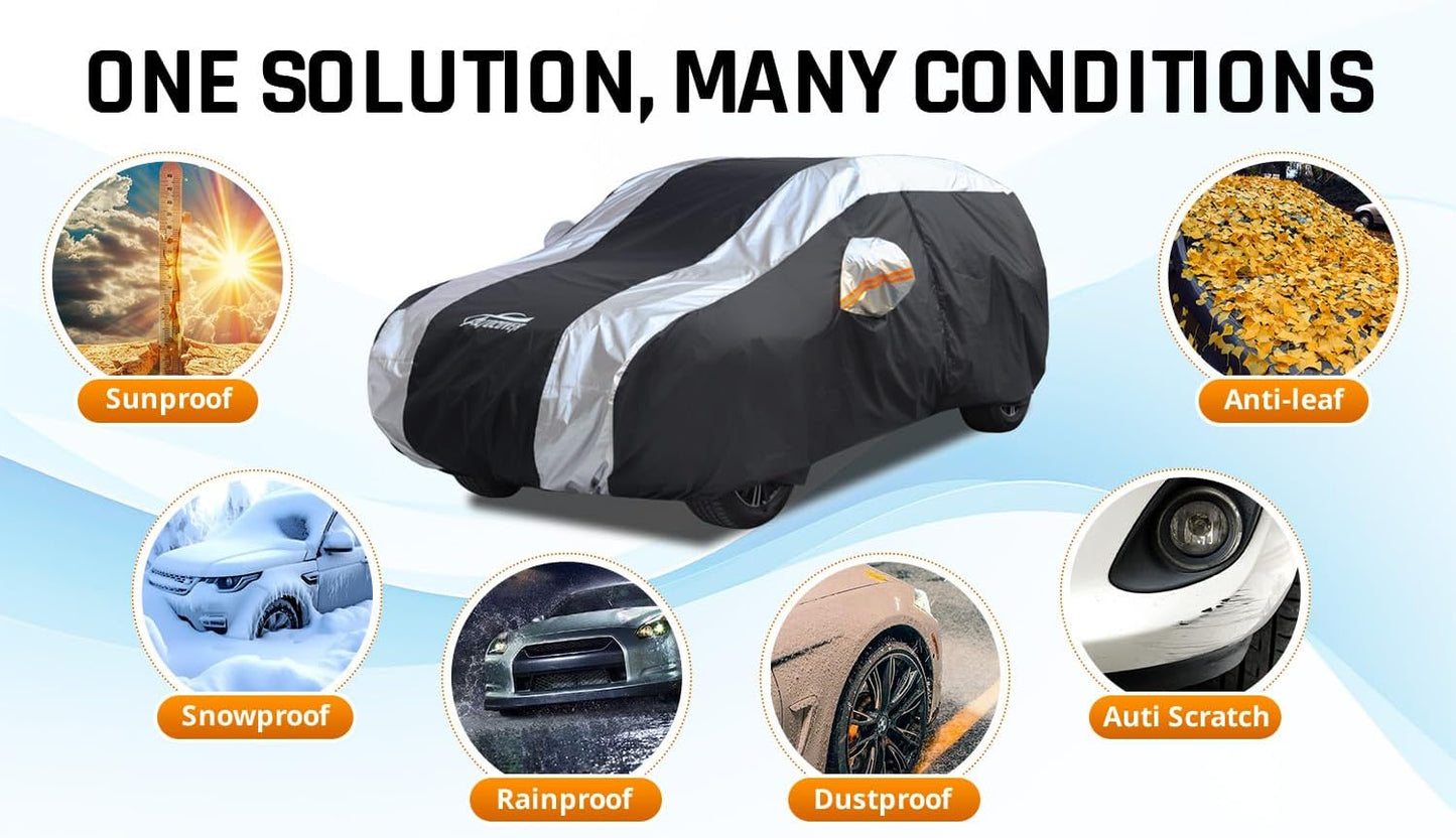 SUV Car Cover Waterproof All Weather Protection with Silver Stripe Design,Universal Fit Toyota RAV4, Honda CRV, Tesla Model Y, Audi Q5, Nissan Rogue, Mazda CX-5, Kia Sorento,Hyundai Sante Fe