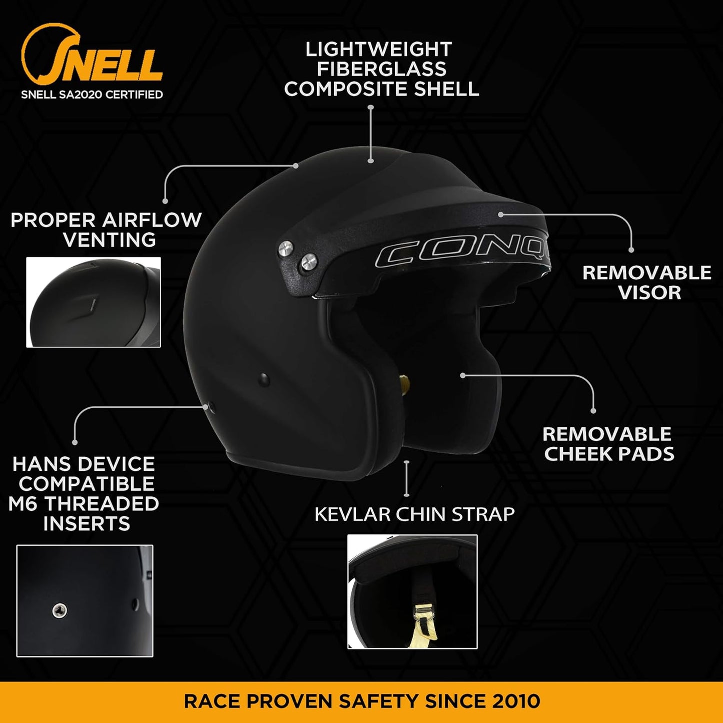 Conquer Snell SA2020 Approved Open Face Auto Racing Race Car Helmet - Adult | Men | Women | Youth - ( Black / White / Silver )