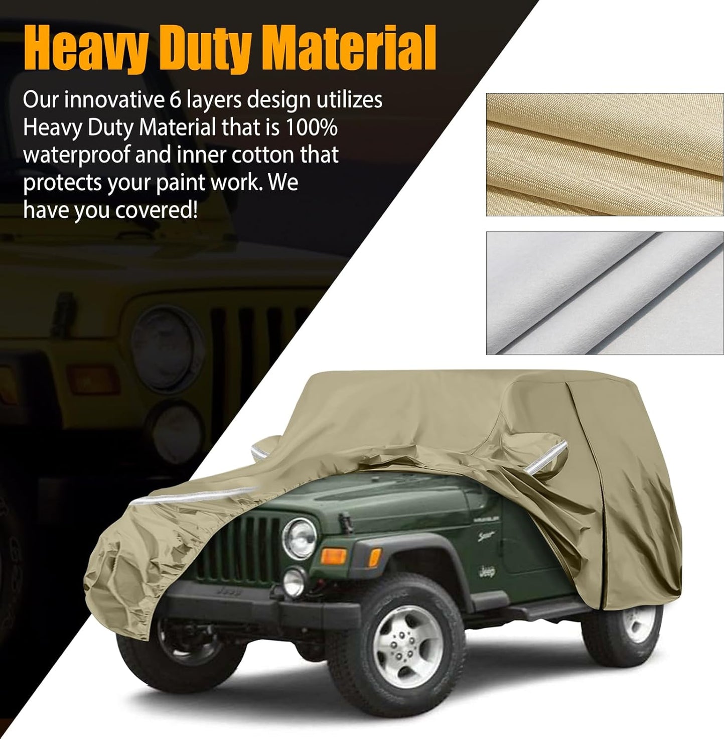 Waterproof Car Covers Replace for 1987-2006 Jeep Wrangler, Multilayer Heavy Duty with Cotton Liner All Weather Custom-fit Car Cover with Zipper Door, Windproof Bands for Snow Rain Dust Protection