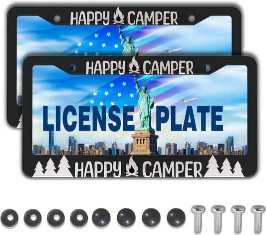 License Plate Frames Black and White Metal License Plate Frame Happy Camper with Campfire Universal Aluminum Car Accessory 2 Pack with Screw Covers Set