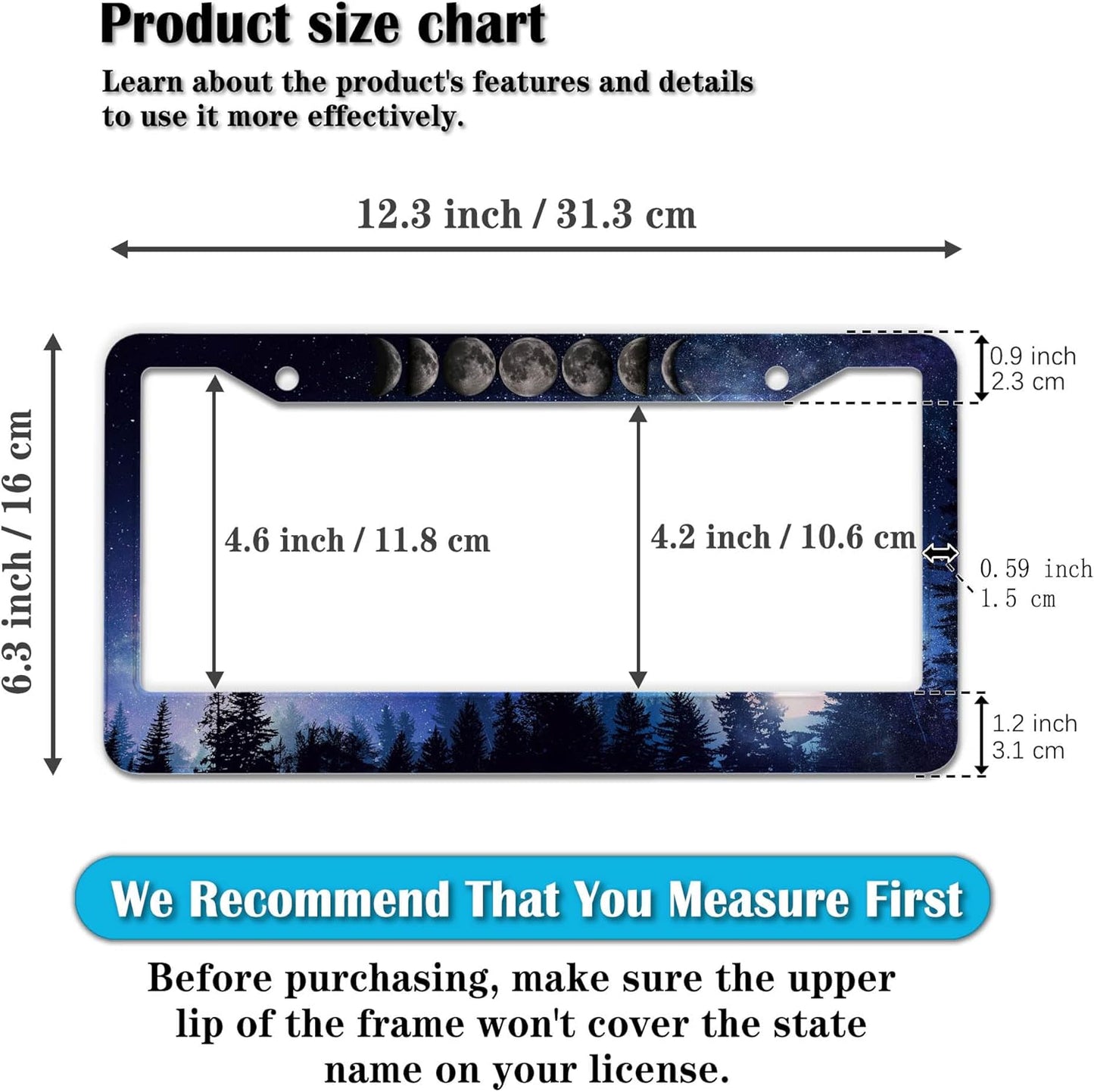 License Plate Frame Multicolor License Plate Cover Forest Starry Night Moon Phase Universal Aluminum Car Accessory 2 Pack with Screw Covers Set