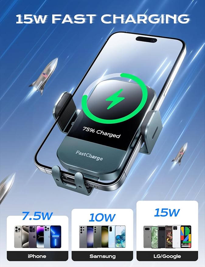 CHGeek Wireless Car Charger, 15W Fast Charging Auto Clamping Car Charger Phone Mount Phone Holder fit for iPhone 15 14 13 12 11 Pro Max Xs, Samsung Galaxy S25 Ultra S24 S23 S22, S21, S20, Green