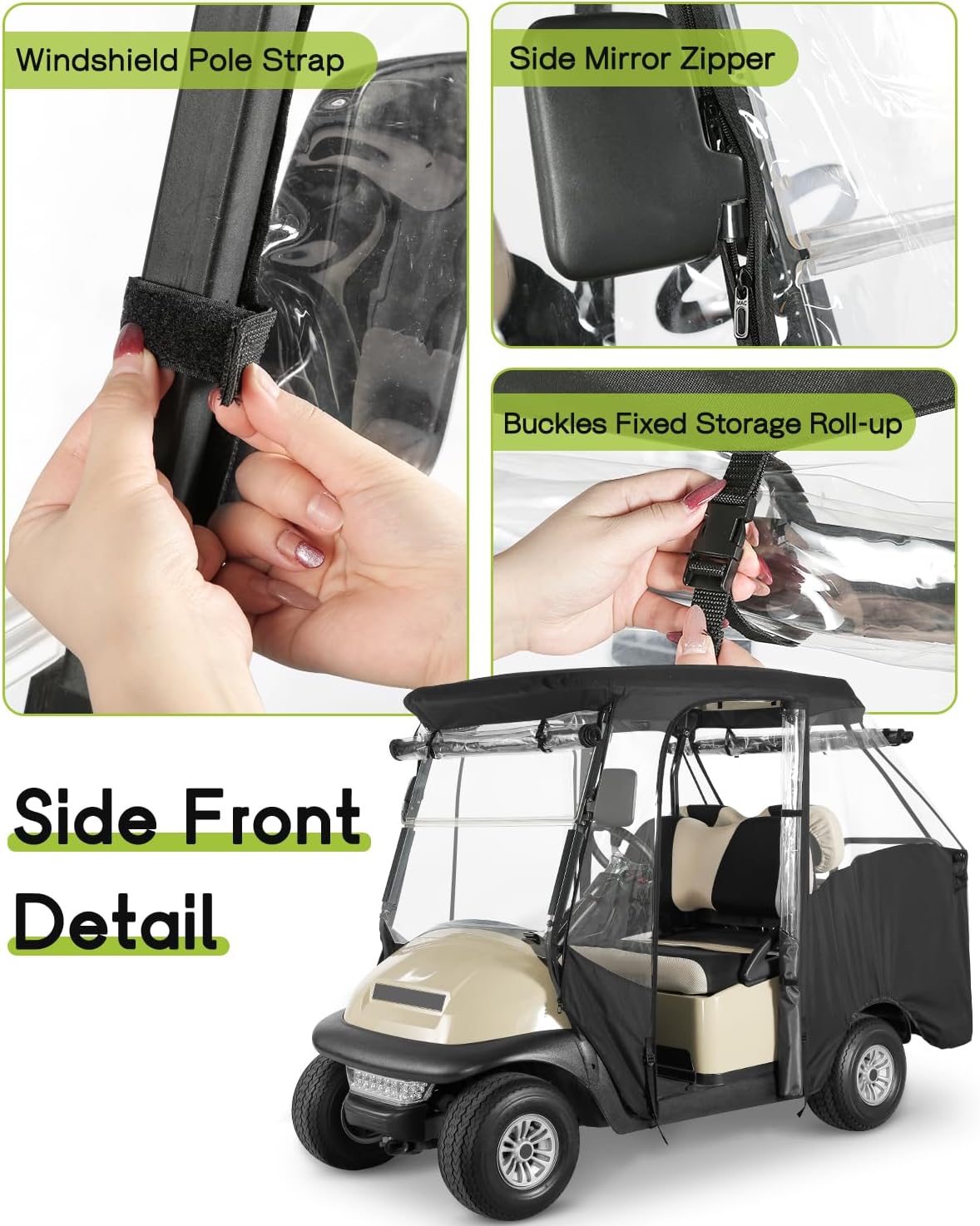 4 Passenger Golf Cart Enclosure for Club Car Precedent Short Roof 2+2 Waterproof Windproof Driving Rain Covera Fit 4-Seater with 4-Sided Clear Windows Mirror Zipper Roll-up Door Black