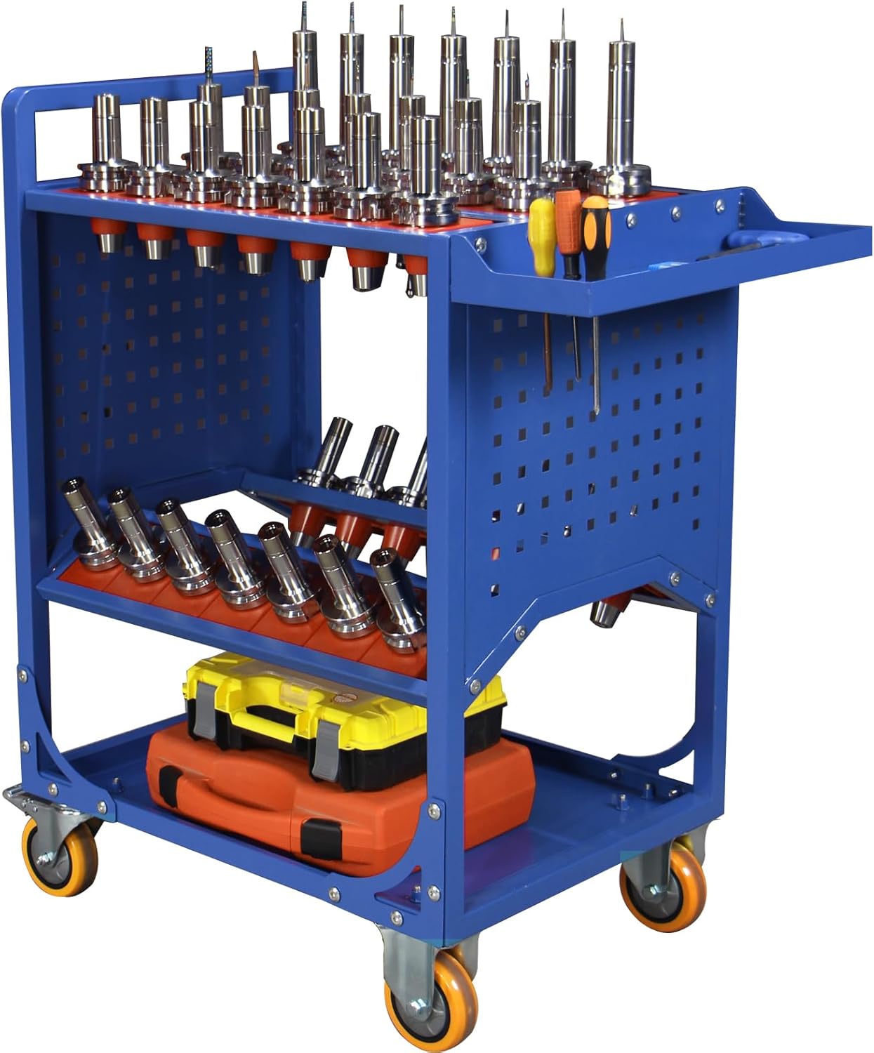 Blue Classic 50 Taper CNC Tool Holder Transfer Cart, 25 Capacity CAT/BT50 Service Carts with Wheels Heavy Duty, Multi-Function Workshop CNC Tool Trolley