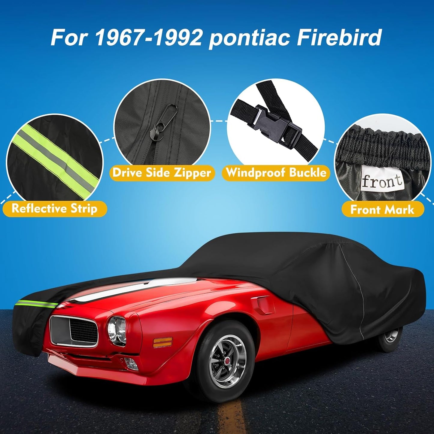 QUNSUNUS Waterproof Car Cover for Pontiac Firebird 1967-1992, Outdoor Car Covers with Zipper, All Weather Cover with Straps and Elastic Edges for Wind, Sun, UV and Dust Protection