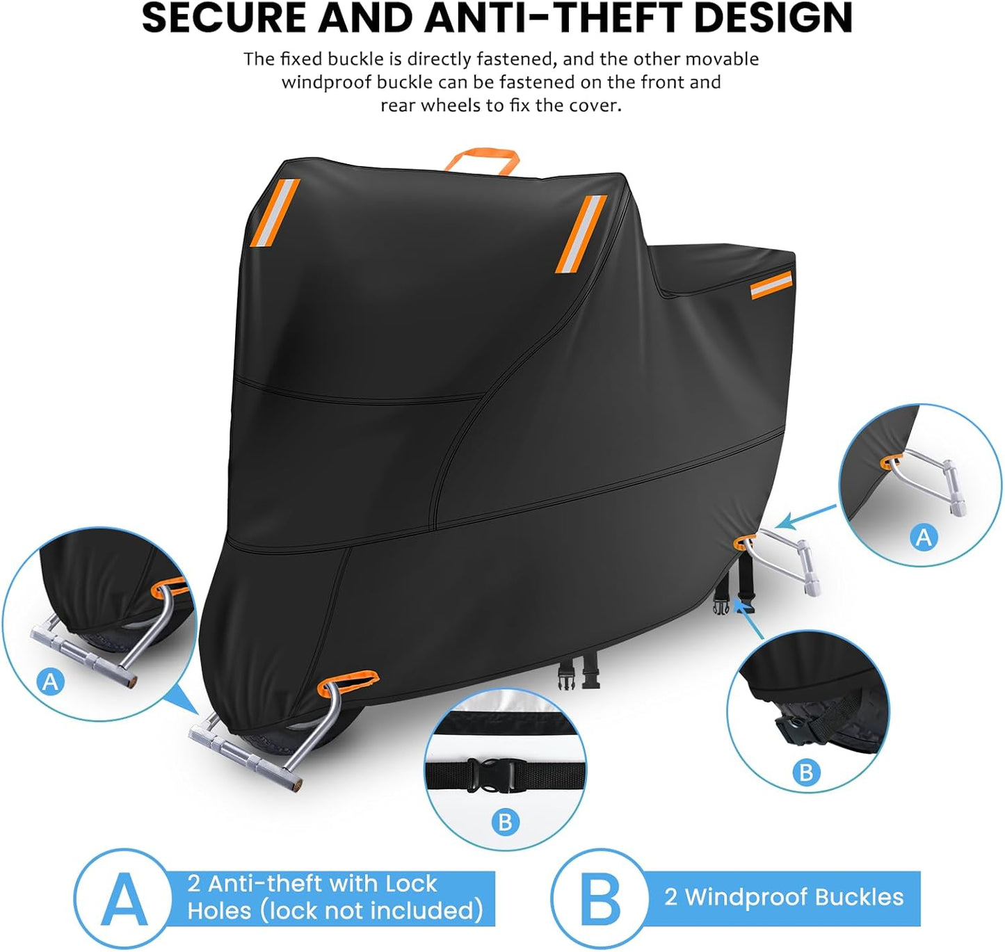 Motorcycle Covers Waterproof Outdoor Storage, Heavy Duty Motorbike Scooter Cover All Weather Protection with 4 Reflective Strips, 2 Lock-Holes, 2 Windproof Buckles (3XL: 95 x 37 x 49 inch)