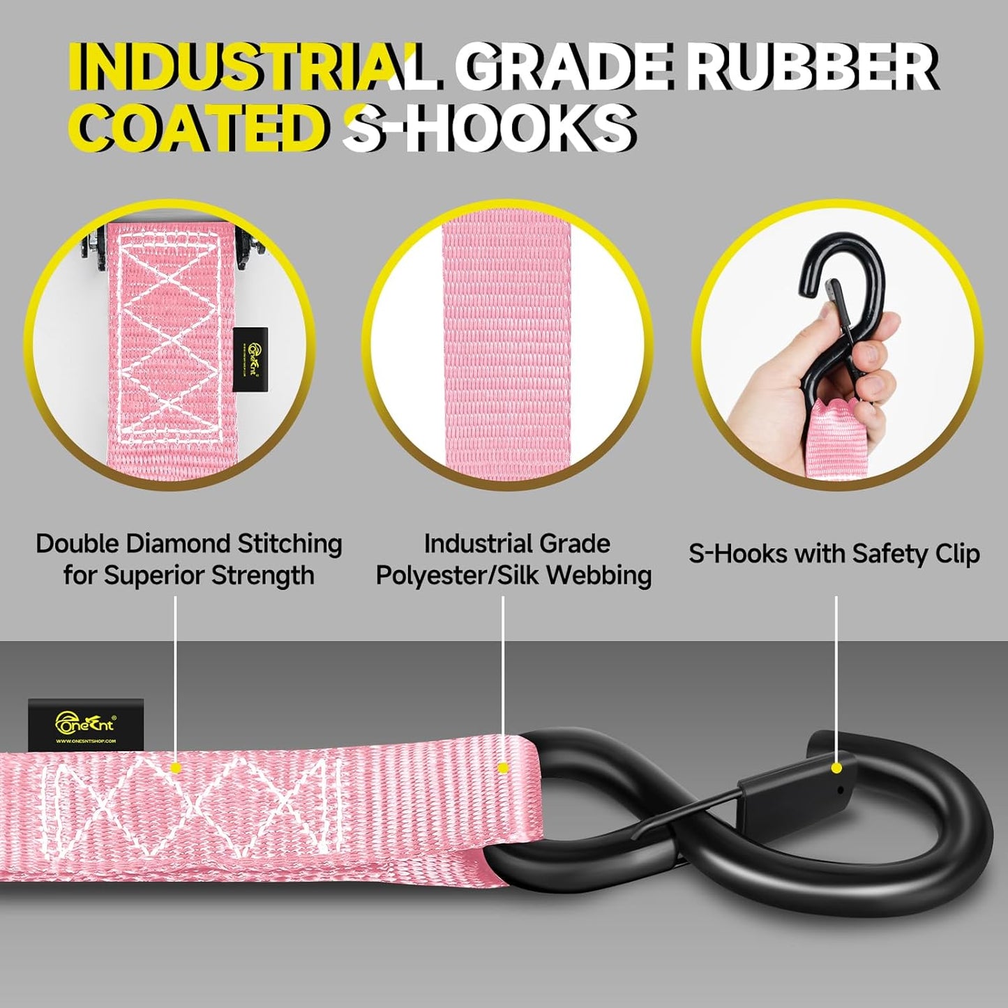 4Pcs Heavy Duty Ratchet Straps-1.6”x16ft Ratchet Strap Tie Down Kit with Padded Handles+Coated S Hooks+Soft Loop Tie-Downs-6000 Pound Break Strength（Pink）