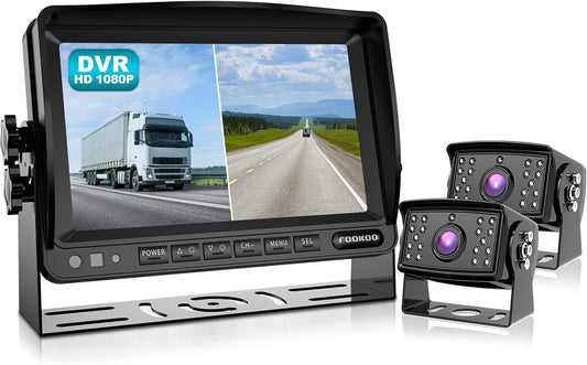 Fookoo Ⅱ 7" 1080P Wired Backup Camera System, 7-inch HD Dual Split Screen Monitor W/Recording IP69 Waterproof Front/Rear View Cameras Parking Lines for Truck/Trailer/RV (FHD2)