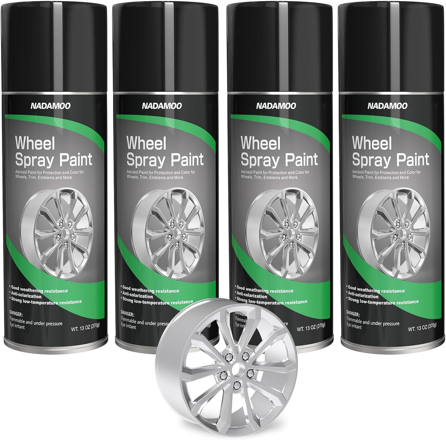 NADAMOO Aluminum Wheel Spray Paint, Semi-gloss Aerosol Car Rim Paint for Recolor and Protection of Metal Surface, Silver, 4 Cans, 13 Oz Per Can