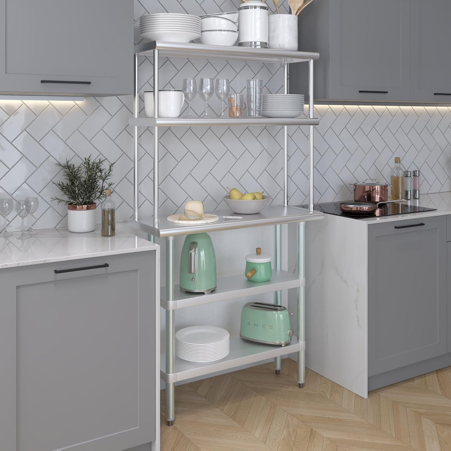 Amgood Stainless Steel Work Table with 2 Shelves | Metal Kitchen Prep Table & Shelving Combo (14" x 36" Table with 2 Shelves + 12" Overshelf)