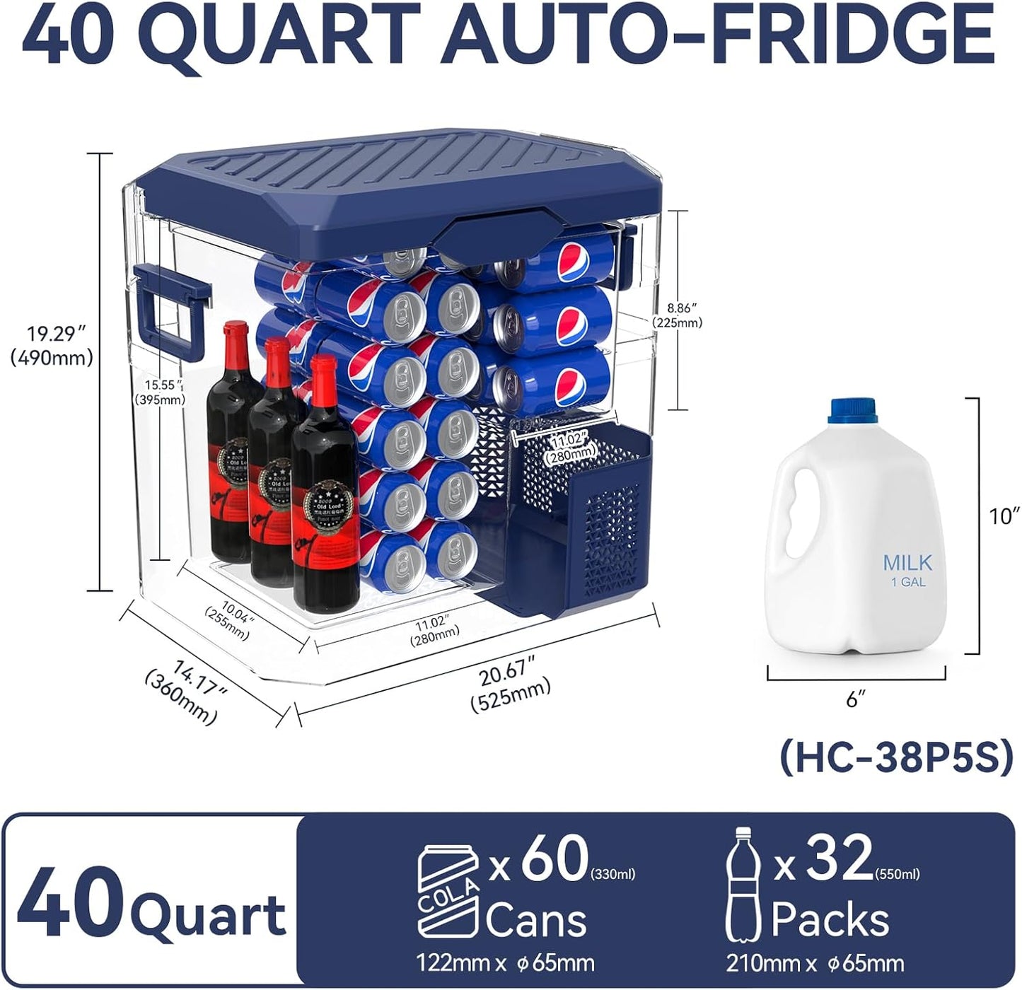 Car Fridge Portable 12V Refrigerator 40 Quart 12 Volt Freezer Compressor Cooler 12V/24V DC 110～240 V AC for Truck Van RV Camper SUV and Home Use (HC-38P5s)