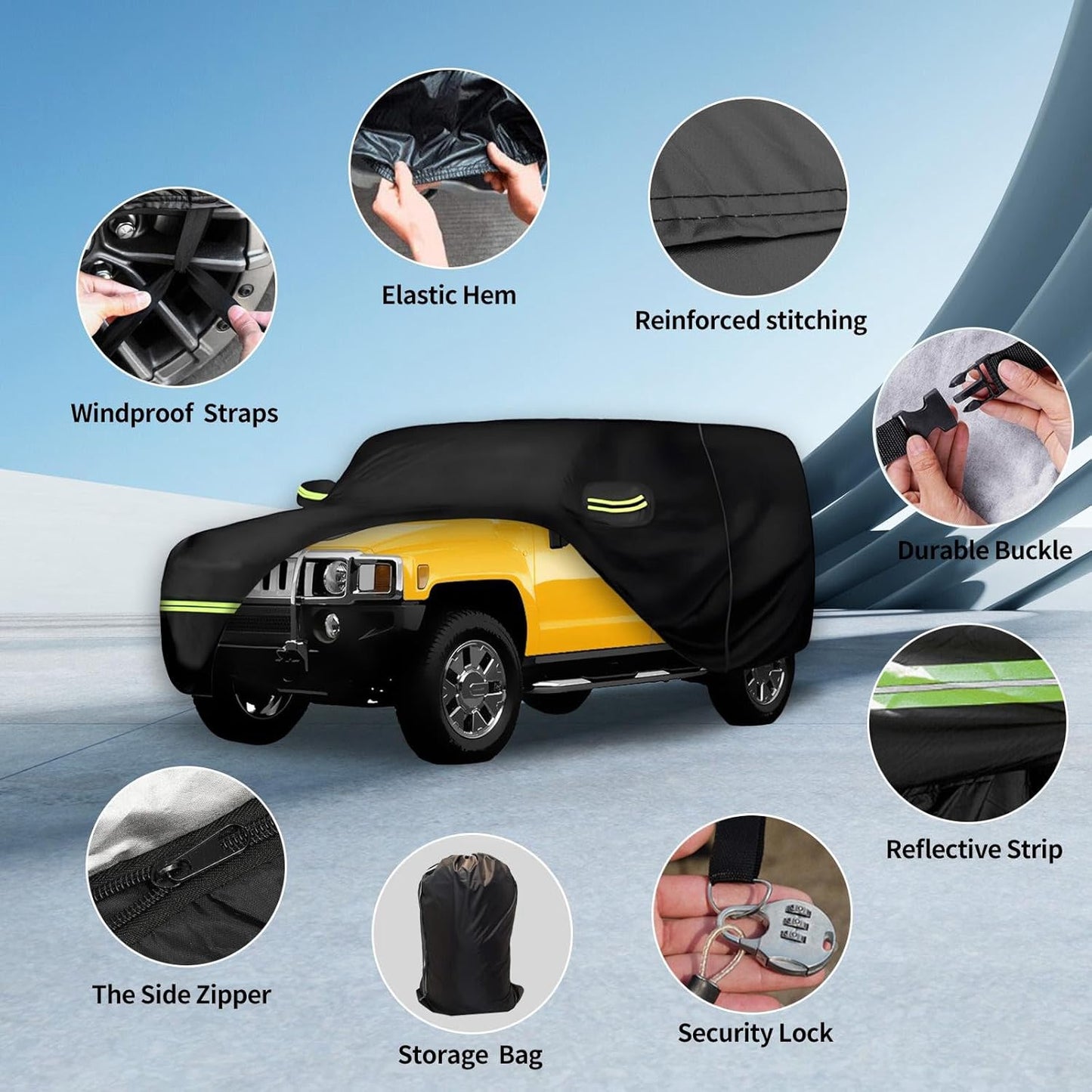 Waterproof Car Covers for Hummer H2 SUV 2002-2009 (Black) 210T Custom 6 Layers Heavy Duty Waterproof All Weather Protection Outdoor