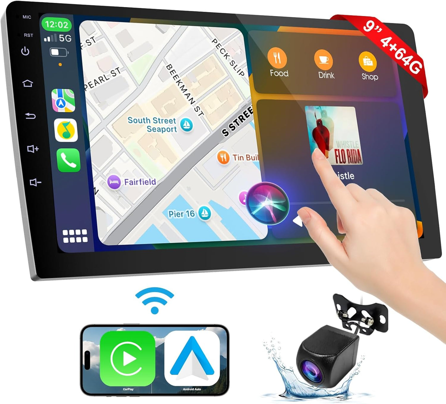 Wireless Double Din Car Stereo with Apple CarPlay/Android Auto,Carplay Screen for Car,Voice Control with Backup Camera,Bluetooth,Navigation, Mirror Link (9 Inch)