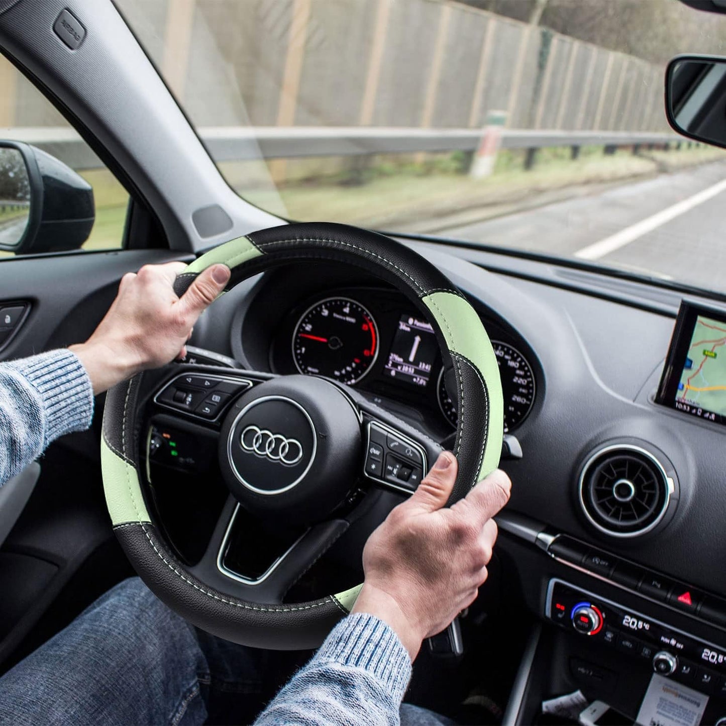 Leather Car Steering Wheel Cover, Non-Slip Car Wheel Cover Protector Breathable Microfiber Leather Universal Fit for Most Cars (Green)